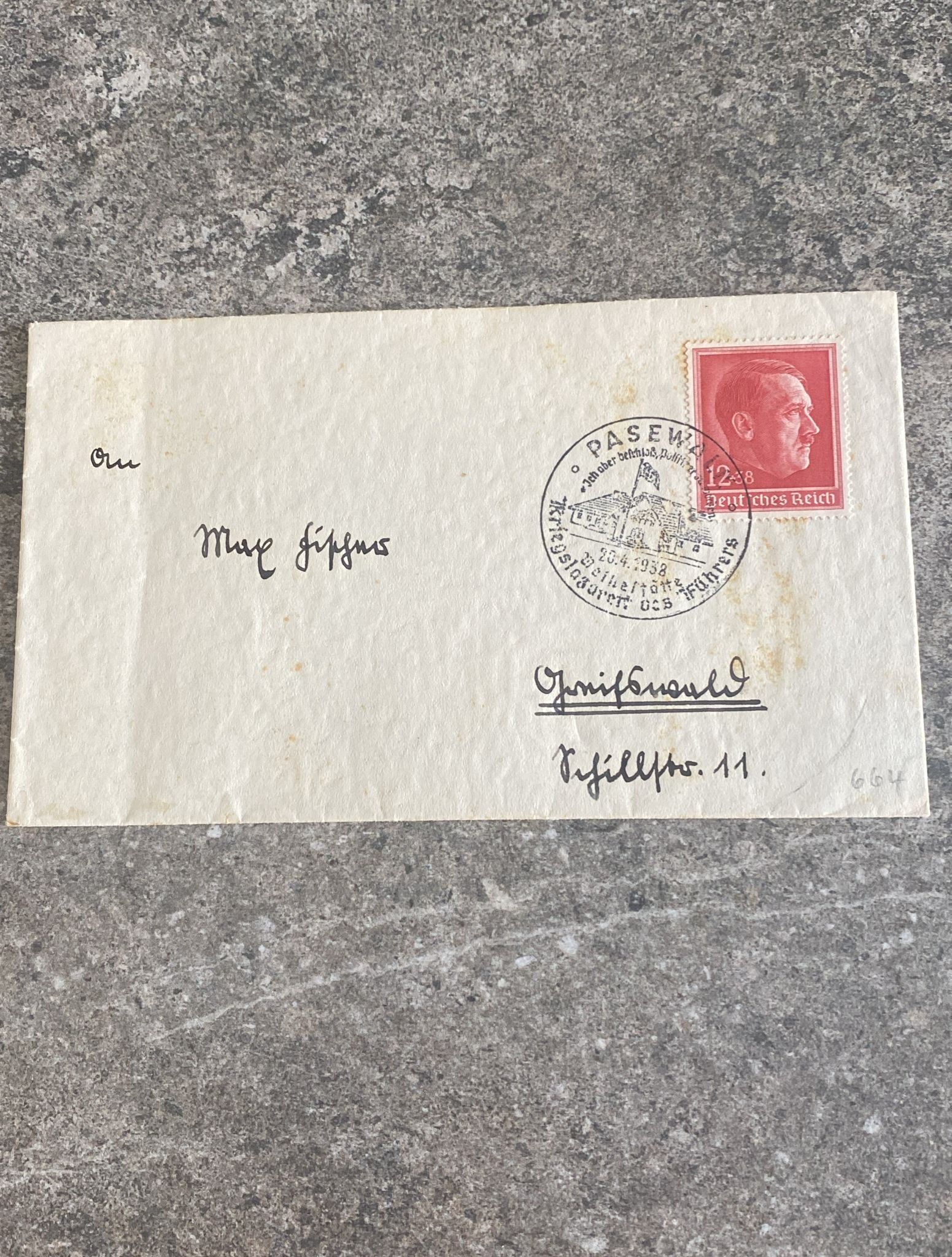B96-1938 German Third Reich Cover – Pasewalk Postmark “Kriegsschule des Führe