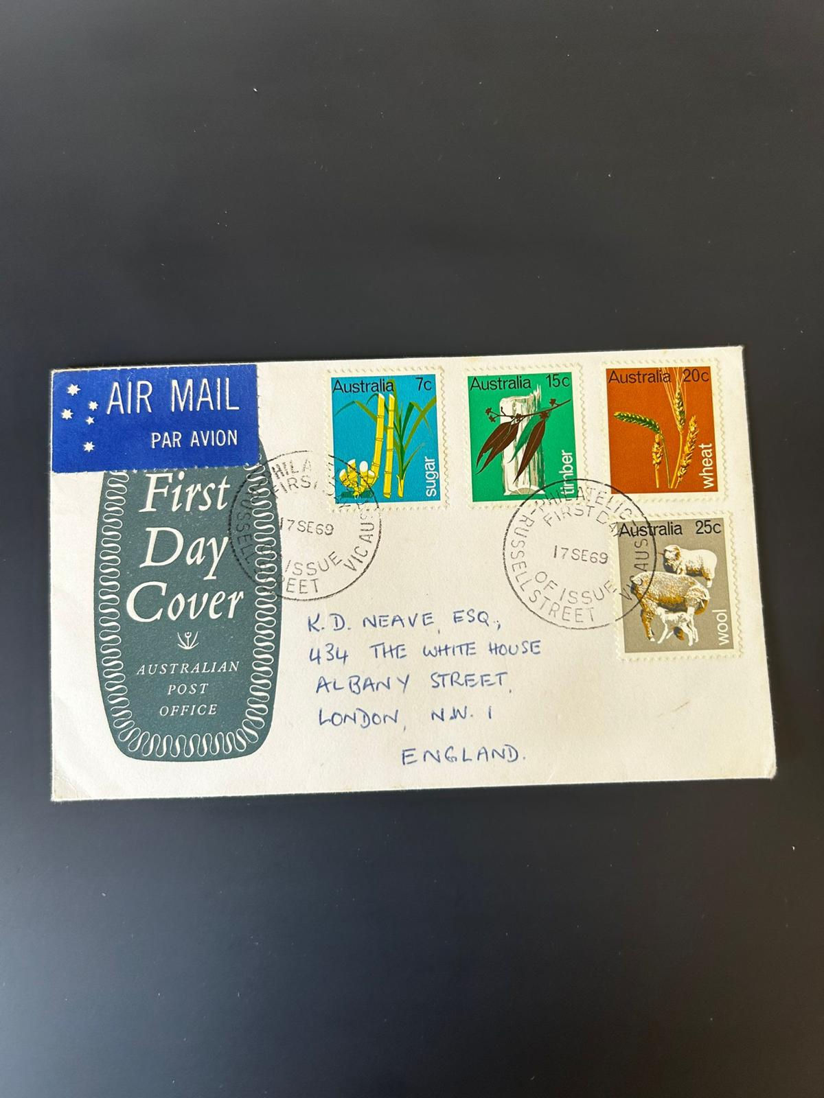 P42-Australia 1969 Primary Industry FDC Sugar Timber Wheat Wool Air Mail