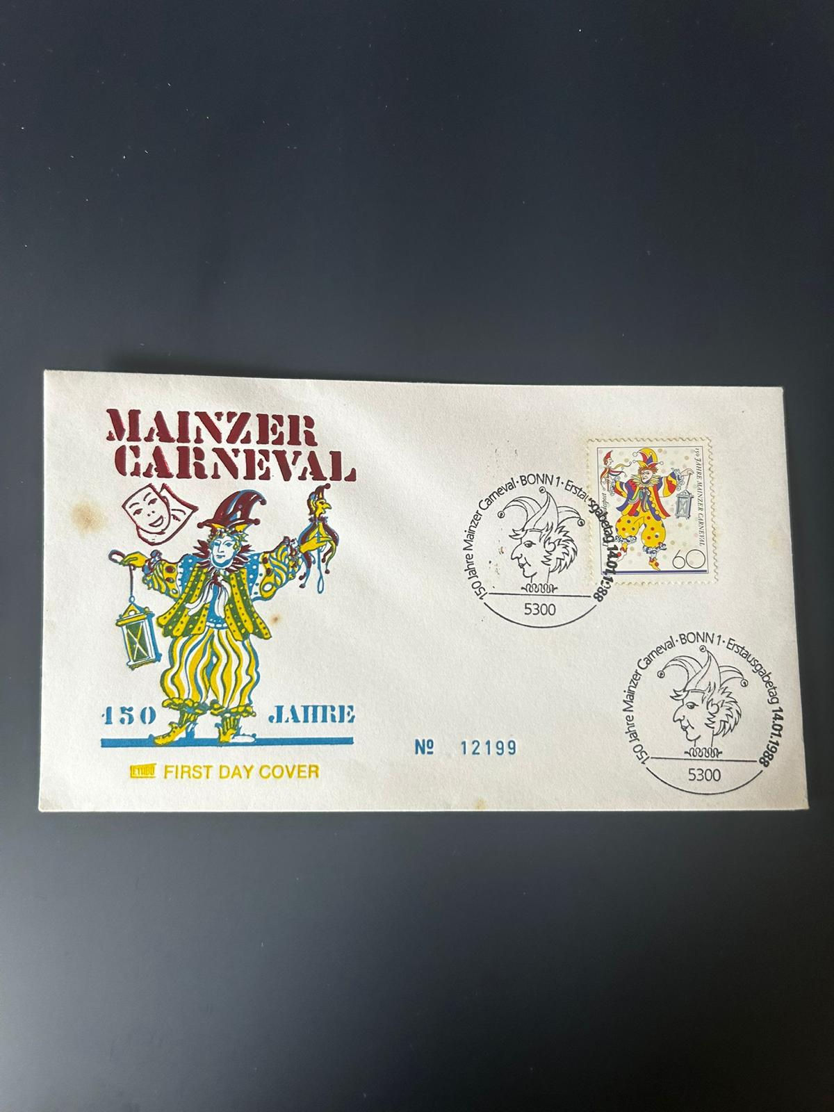 P134-Germany 1988 FDC – 150 Years Mainz Carnival – Bonn First Day Cover – Clown 