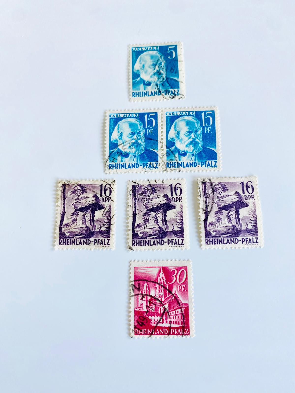 A71-
Lot of 7 Vintage Rheinland-Pfalz German Postage Stamps Karl Marx & Landma