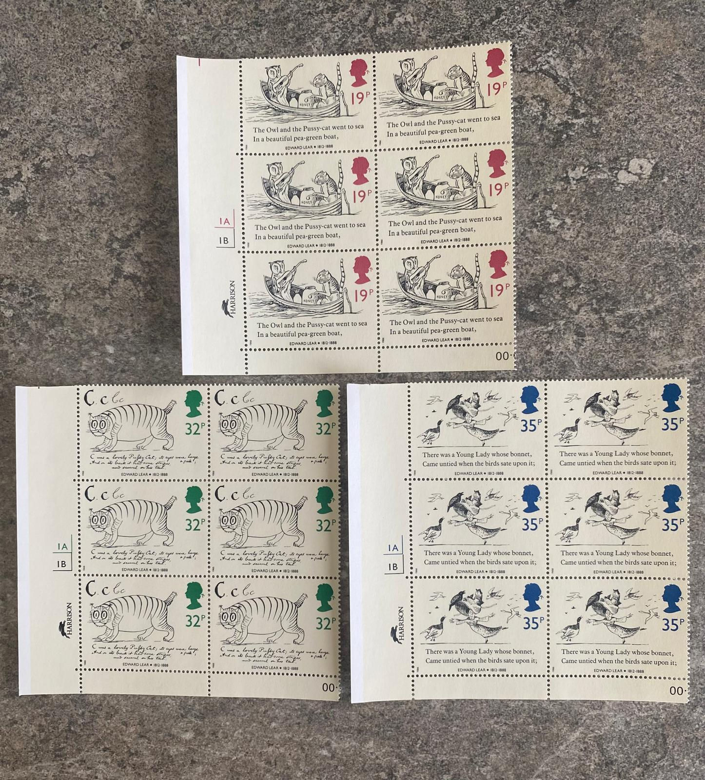 A355-
GB 1988 Edward Lear Commemorative Stamp Sheets 19p, 32p, 35p MNH (Owl &