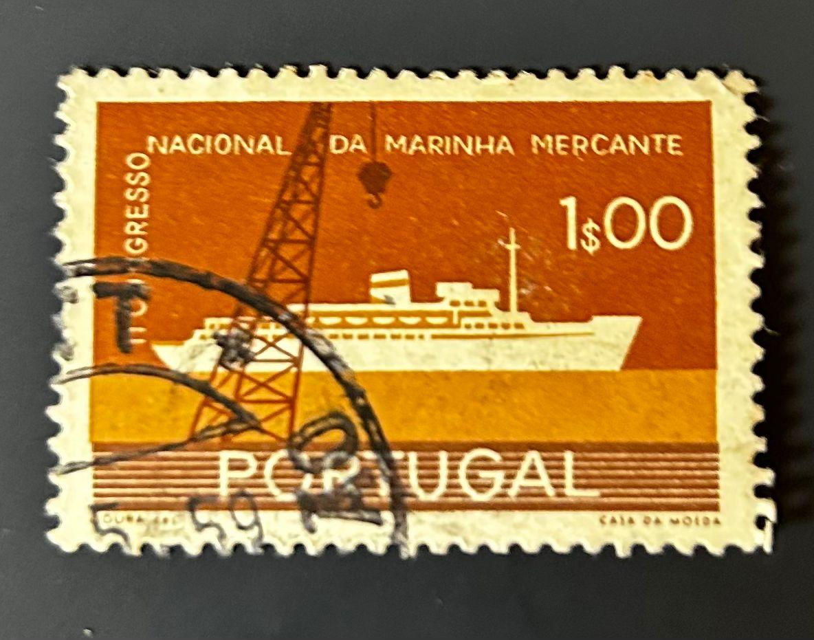 P225-Portugal 1$00 Stamp – Merchant Navy Congress Ship Crane – Used Vintage Stam