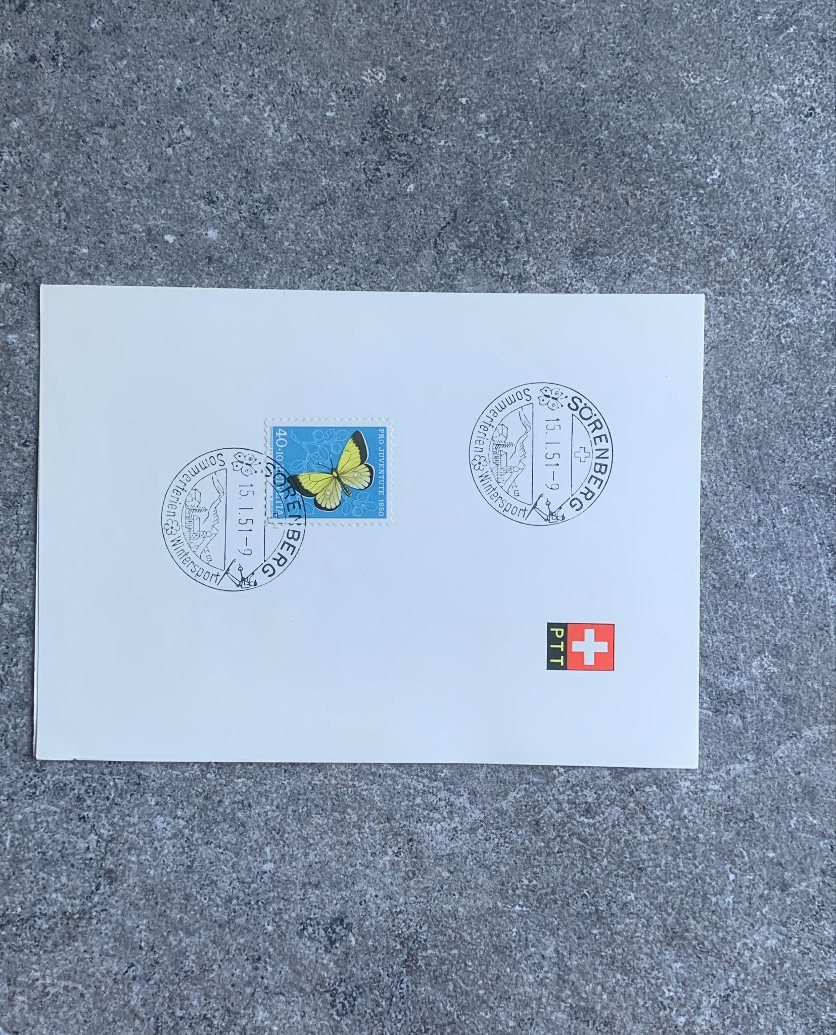A799-1950 Switzerland Pro Juventute 40+10c Butterfly Stamp FDC Sörenberg Postm