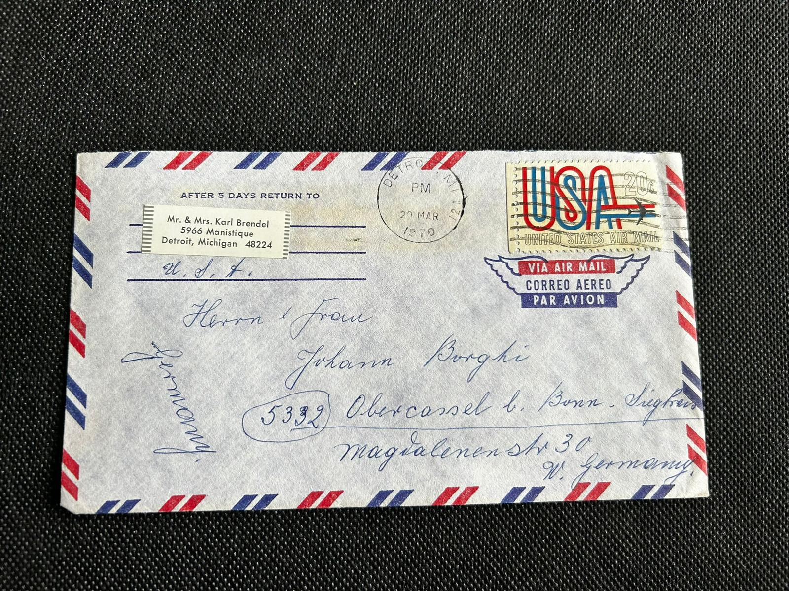 P631-Vintage 1970 USA Air Mail Cover Detroit Michigan to West Germany Postal Env