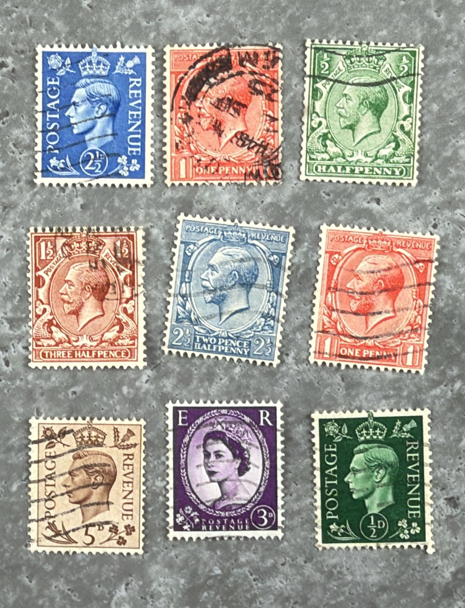 F153-Vintage Great Britain KGVI & QEII Mixed Stamp Lot 9 Used Stamps (½d to 5d