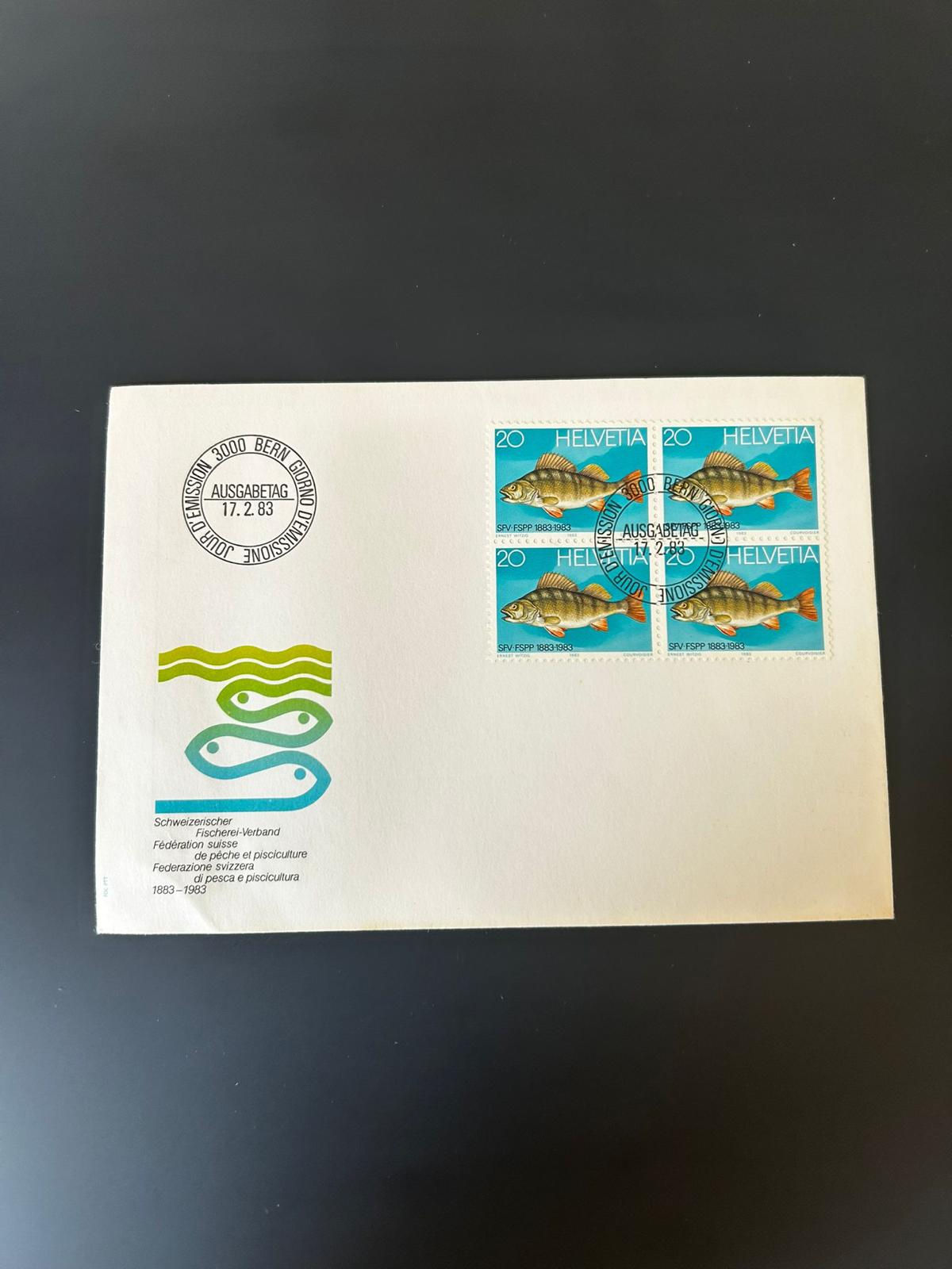 P71-Switzerland 1983 FDC Bern First Day Cover Fish Stamps Block of 4 Helvetia 20