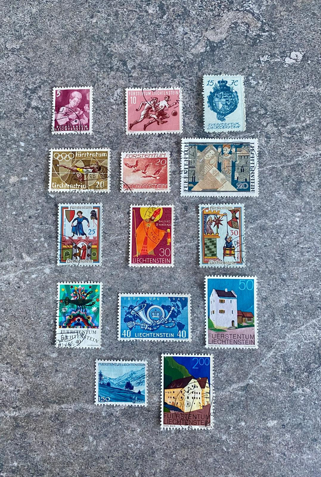 A169-
Vintage Liechtenstein Postage Stamps Collection Lot (15) – Mixed Themes,