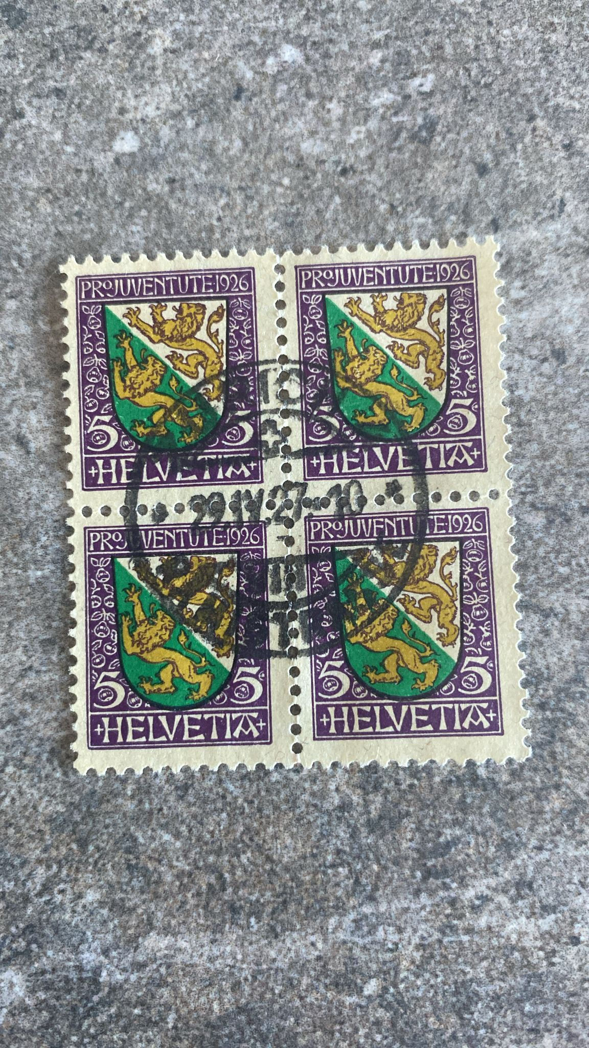 A310-Switzerland 1926 Pro Juventute 5c “Helvetia” Coat of Arms Used Block of 4