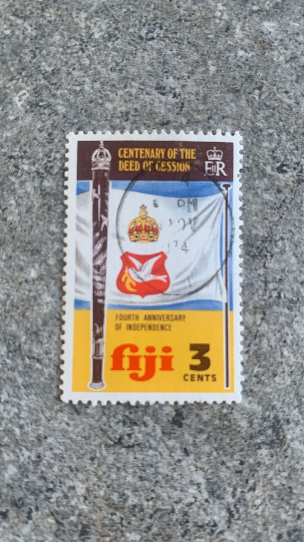 B307-Fiji 3c Stamp – Centenary of the Deed of CessionFourth Anniversary of Ind