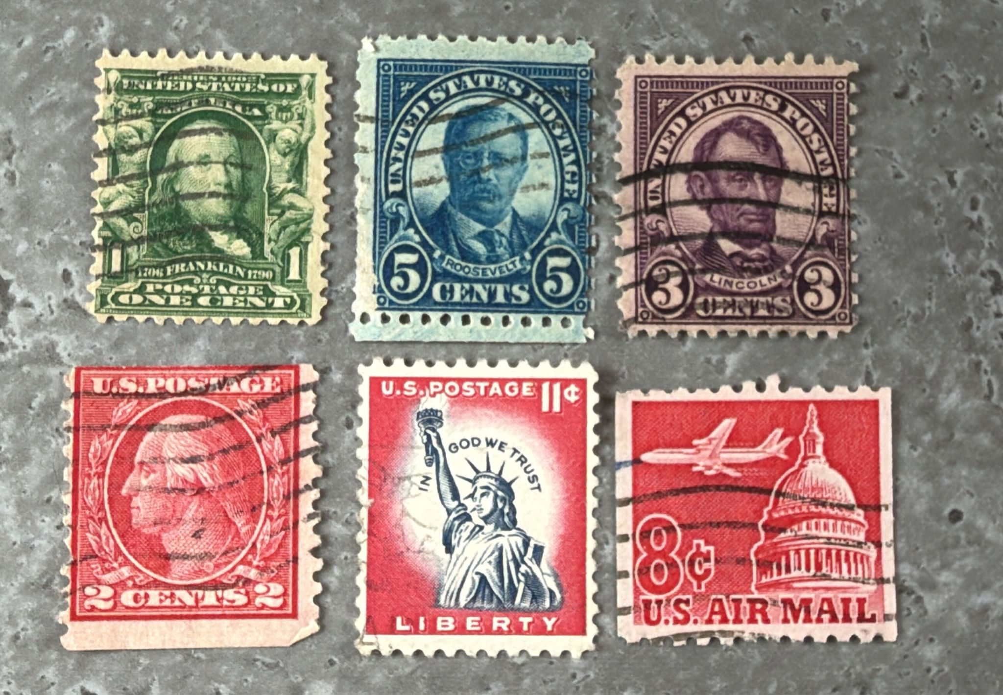 F347-Vintage USA Postage Stamps Lot x6 – Franklin, Roosevelt, Lincoln,Liberty &