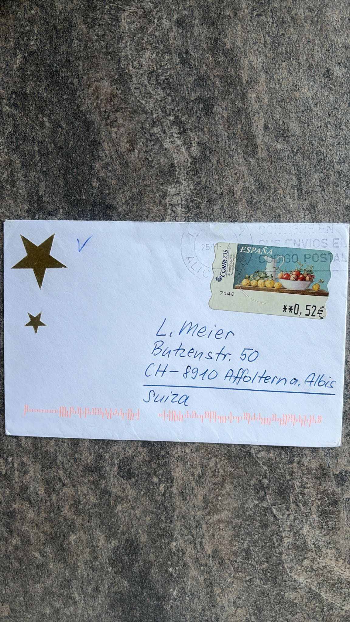 F945-Spain Correos Stamp Cover to Switzerland 0.52€ Postal Label Fruit Design In