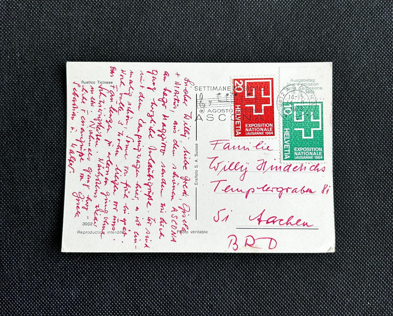 P540-Swiss 1964 Lausanne National Expo Stamps Postcard to Germany Helv