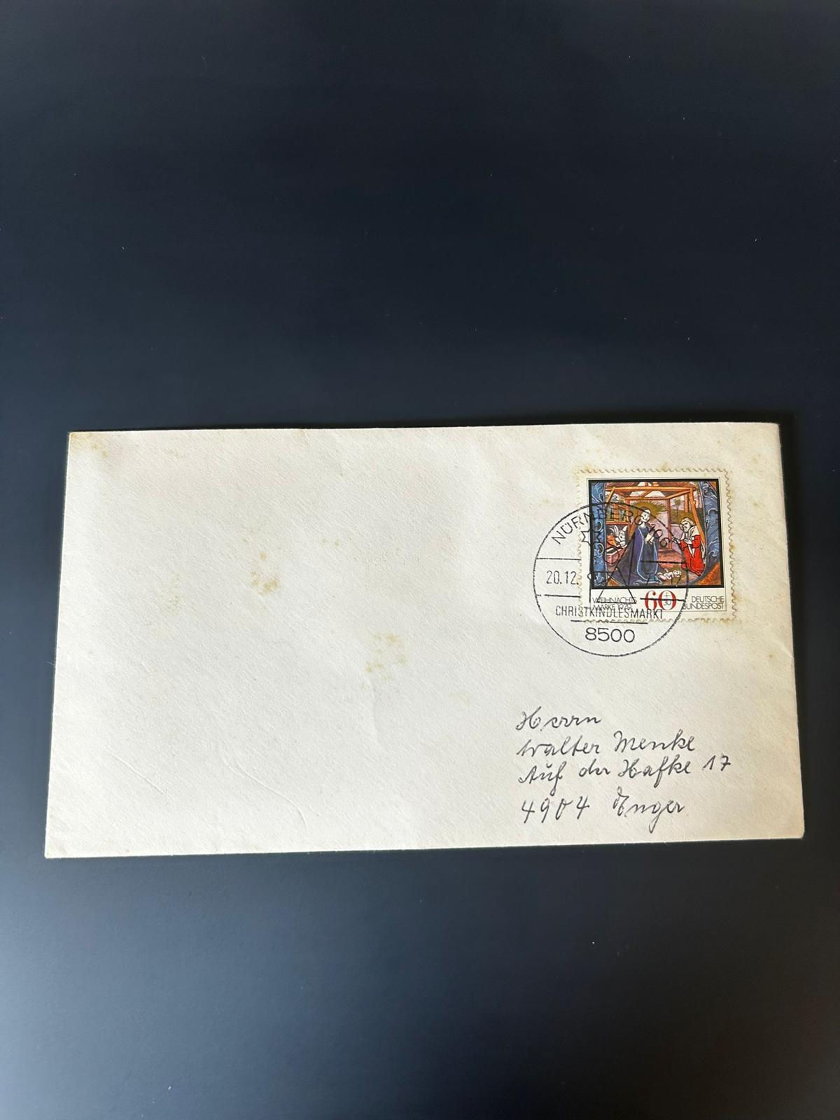 P20-Germany 1989 Christmas Market Stamp Cover Nurnberg 8500 Postmark Nativity 60