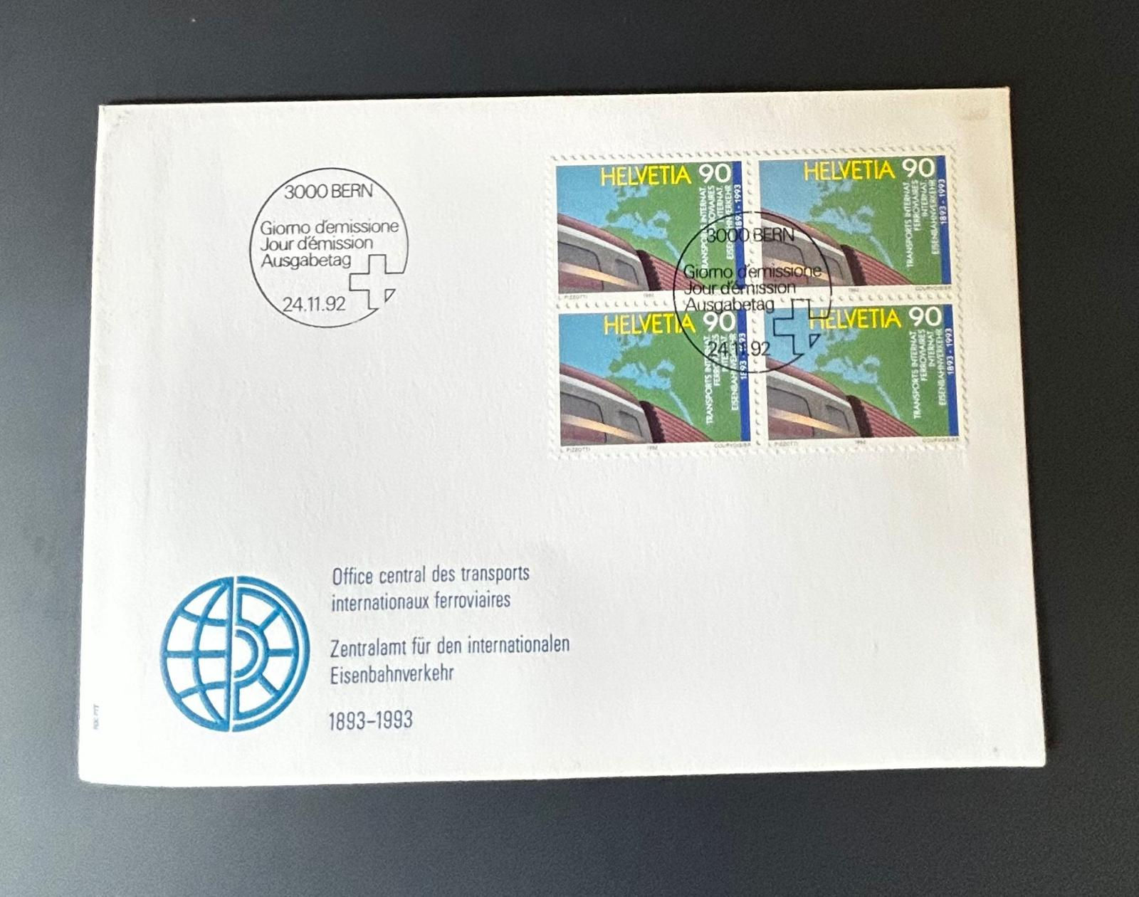 P417-Switzerland 1992 FDC Helvetia 90c Block of 4 – Bern First Day Cover Railway