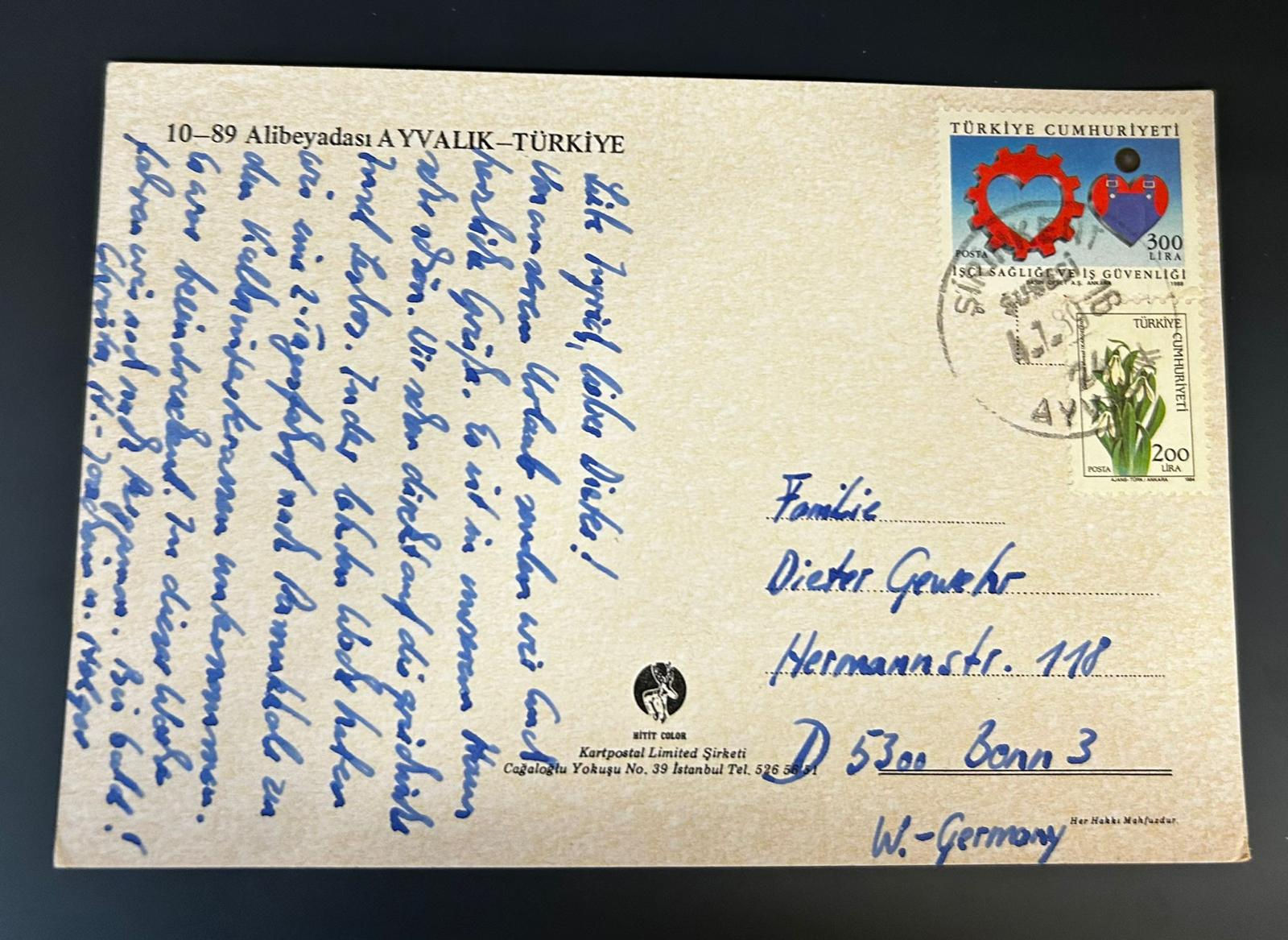 P306-Vintage Turkey Postcard Alibeyadasi Ayvalik Harbour Boats Posted to Germany