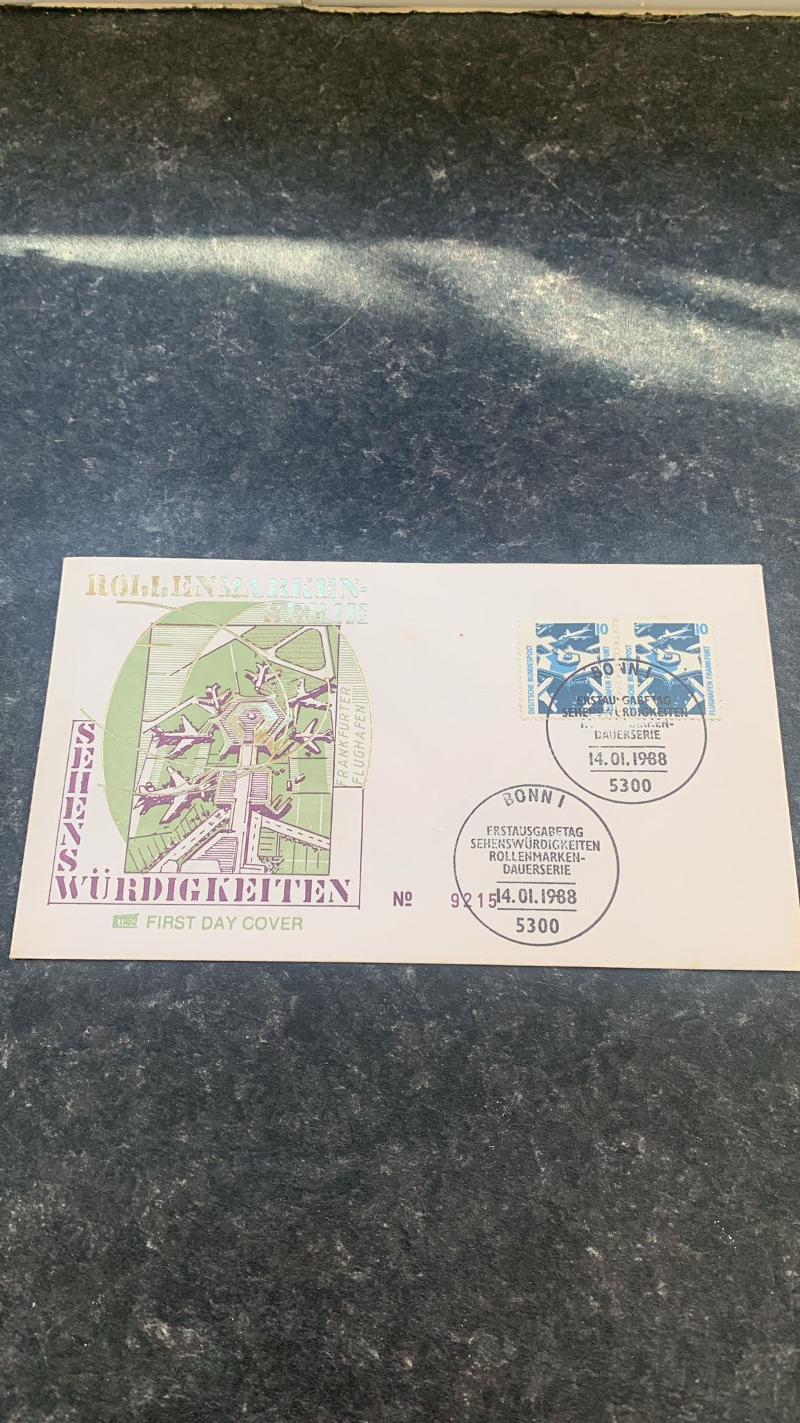 E143-Germany 1988 First Day Cover – Frankfurt Airport 10pf Stamps –Sehenswürdig