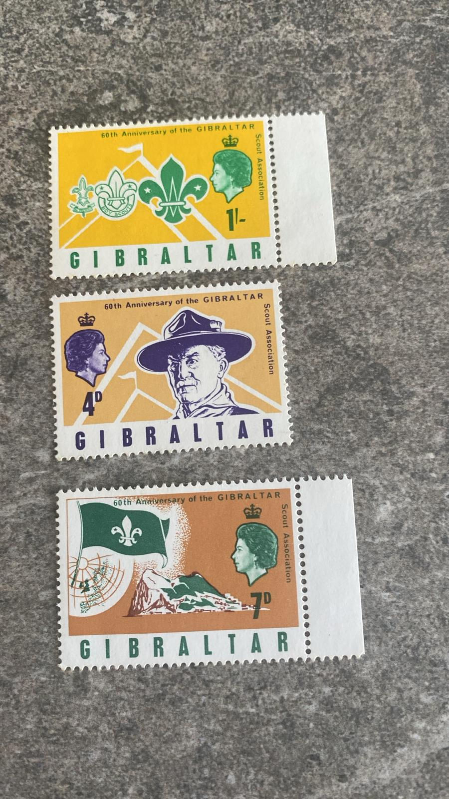 B88-:
Gibraltar 1967 60th Anniversary of Scout Association Stamp Set (3) – Mint