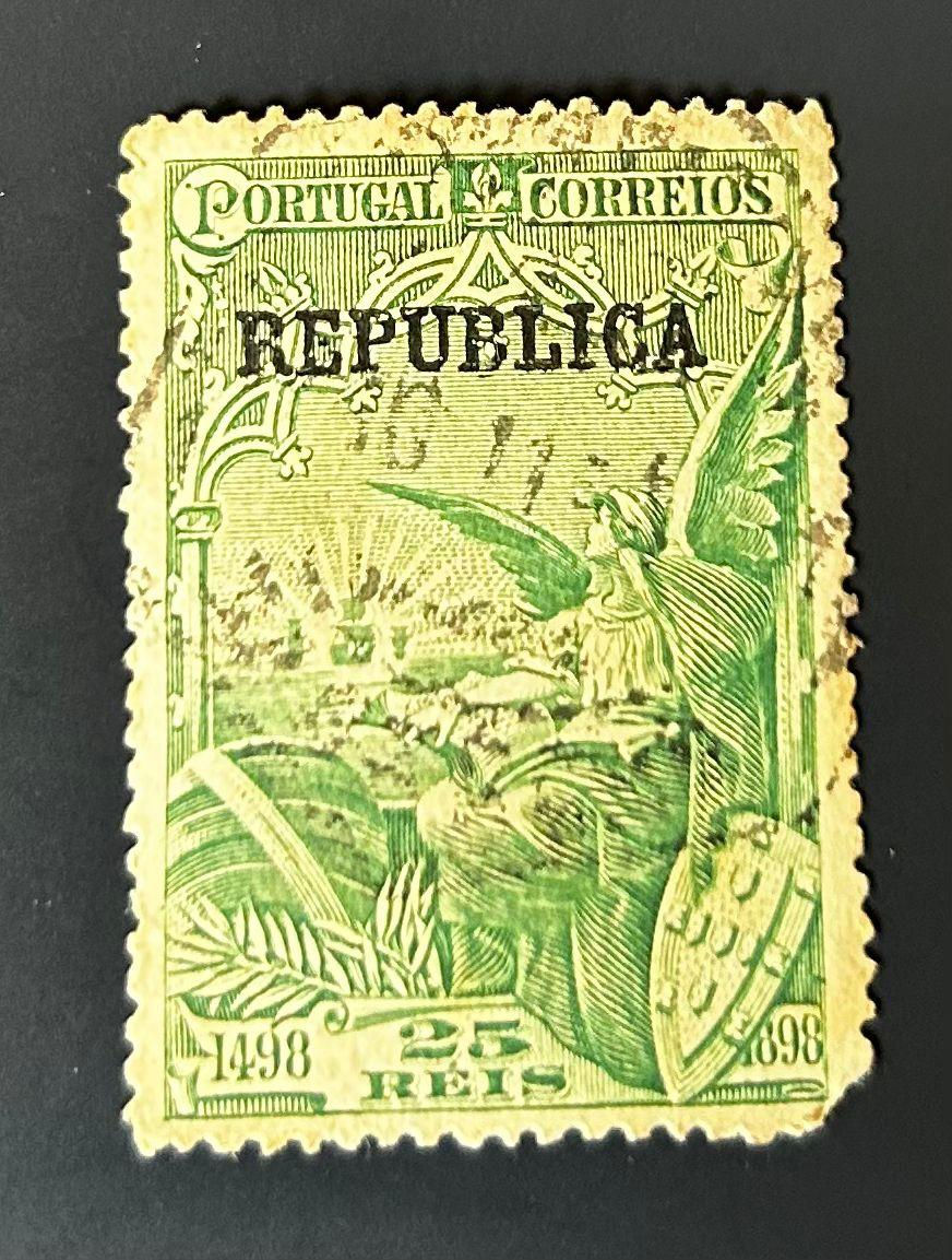 P226-Portugal 1898 25 Reis Vasco da Gama Stamp “REPUBLICA” Overprint Used Green