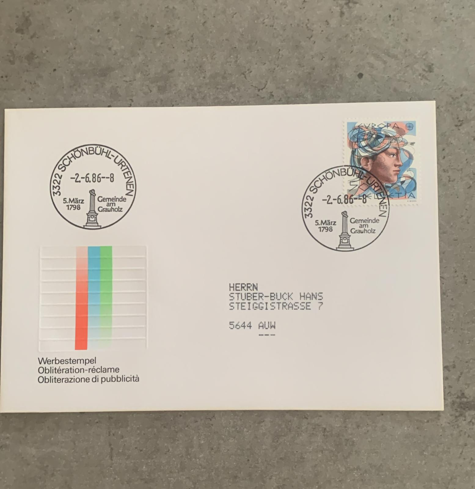 A542-Switzerland 1986 Schönbühl-Urtenen “Gemeinde am Grauholz”Advertising Cance