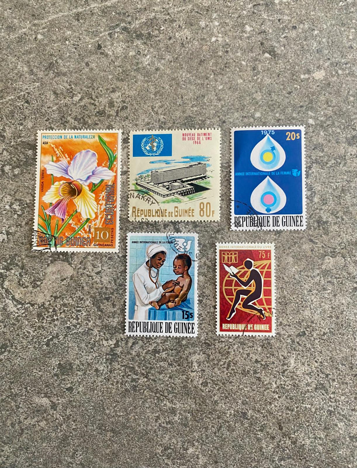 A212-Lot of 5 Vintage Guinea Postage Stamps 1960s–1970s – Thematic Issues (Hea