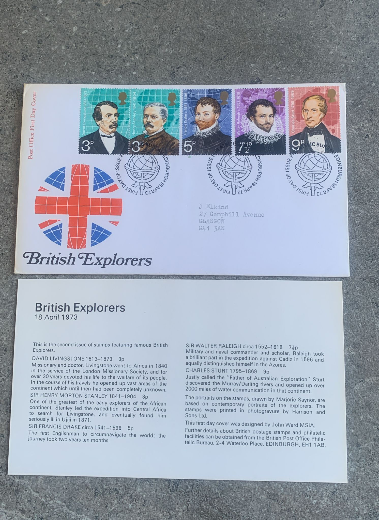 A662-British Explorers 1973 Royal Mail First Day Cover Edinburgh Postmark – Fu