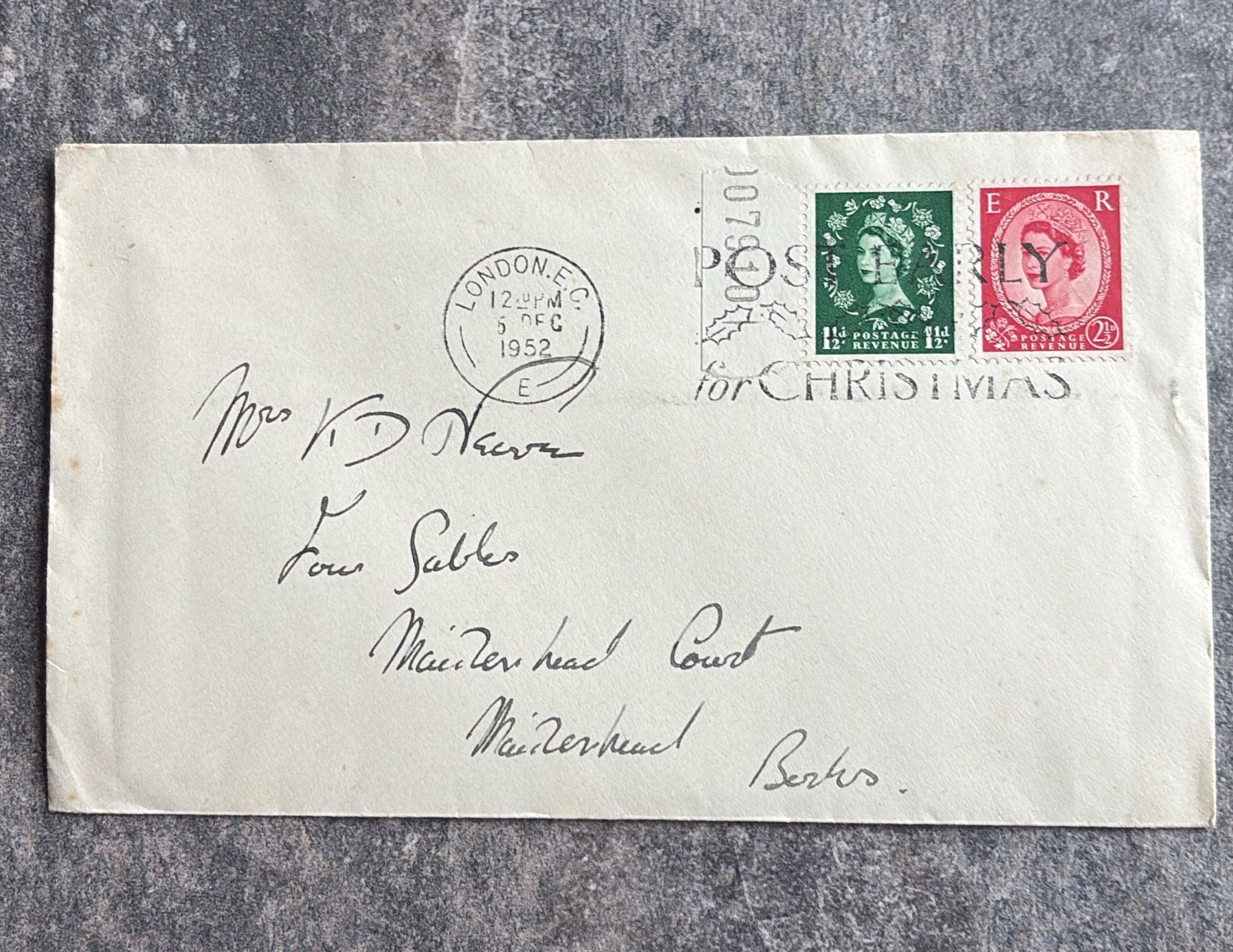 F674-1952 London EC Christmas Slogan Cover – QEII 1½d Green & 2½d Red Stamps – L