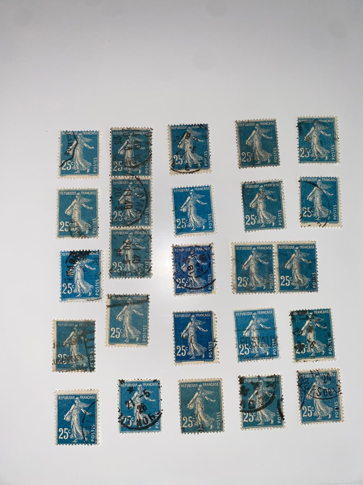 A29-
Lot of 24 Vintage French Postage Stamps – 25c Blue "Sower" Design (1903–1