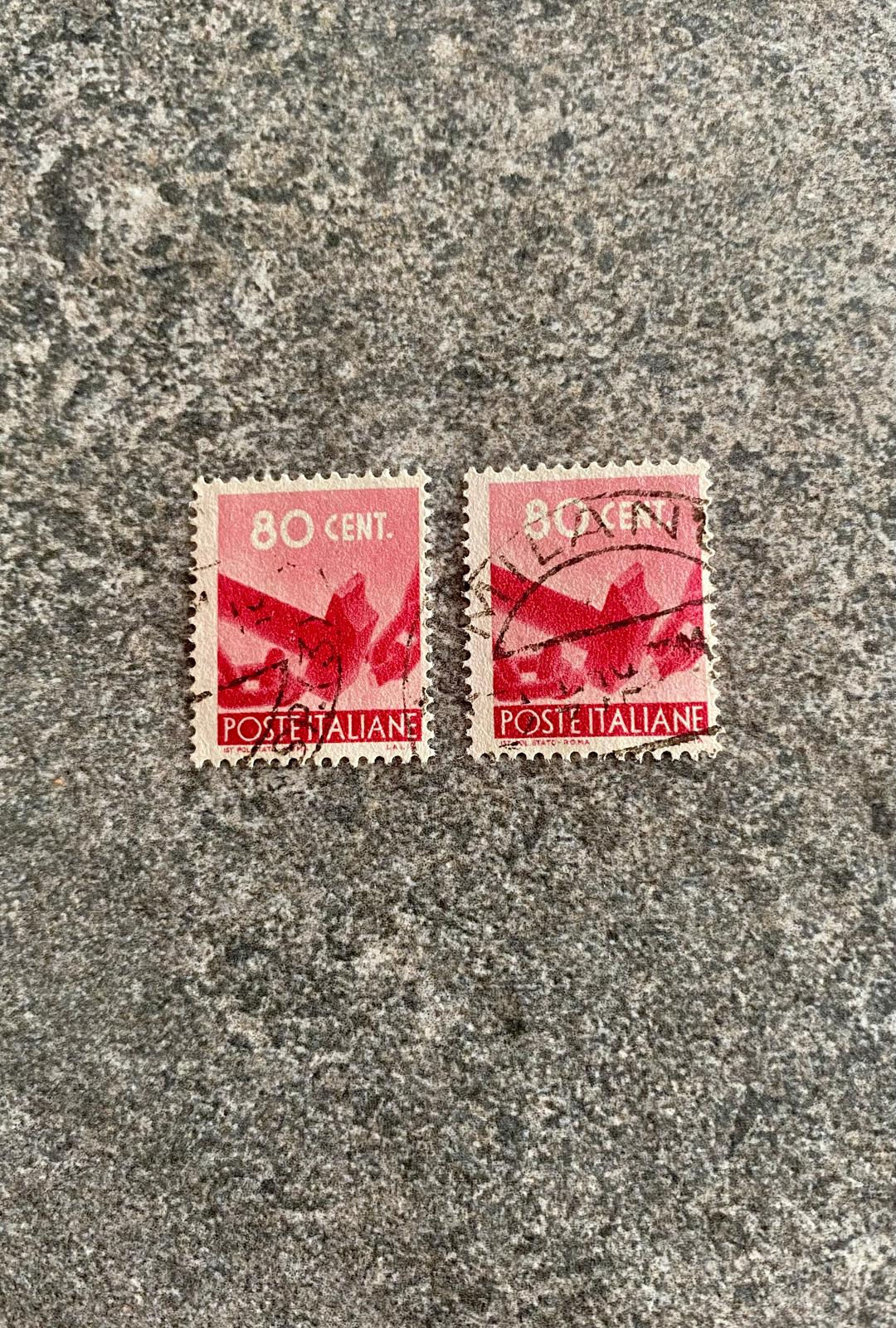 A232-Italy Postage Stamps 80c Poste Italiane Red Plane Design (Lot of 2) Used