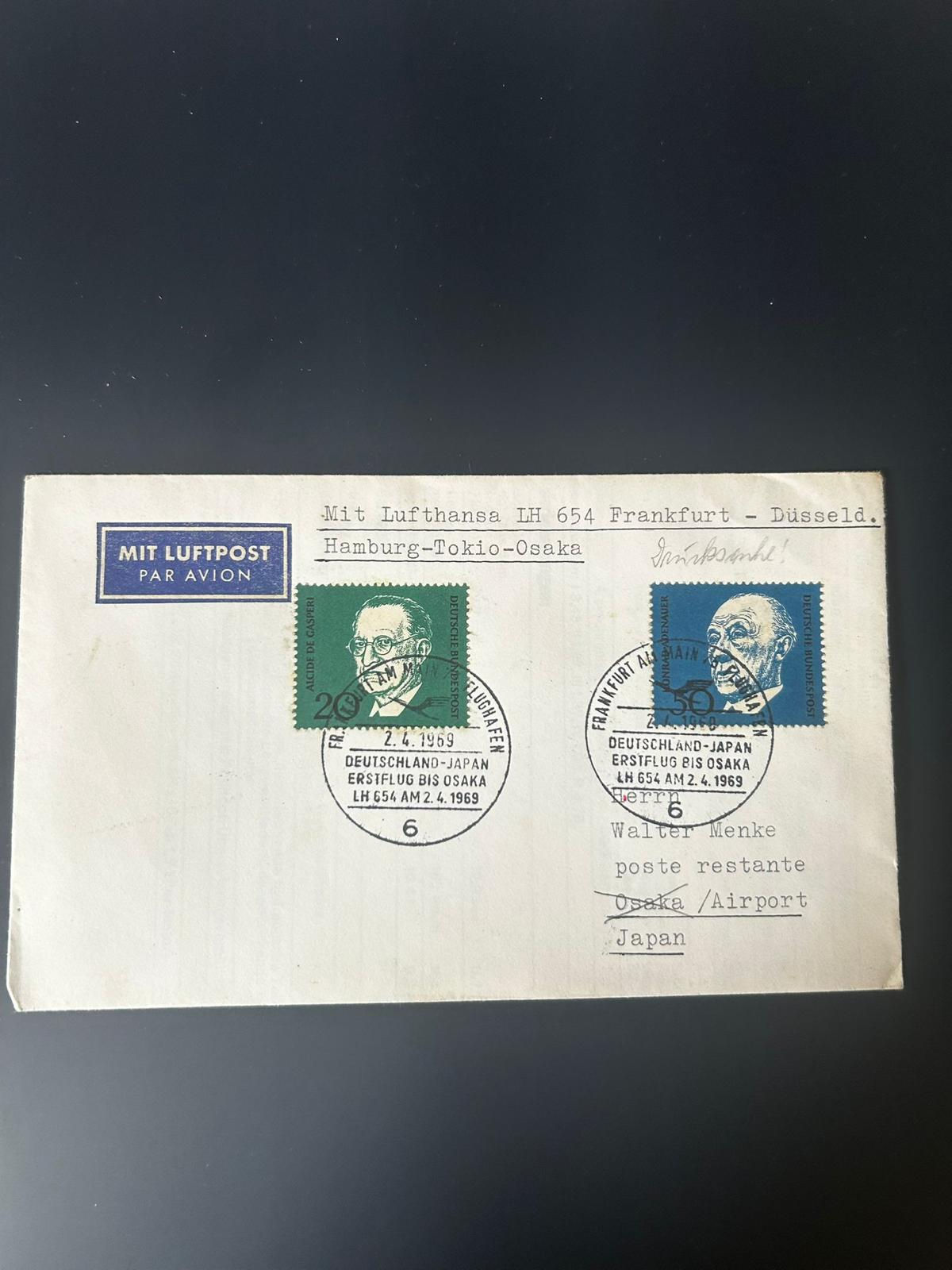 P131-Lufthansa LH654 1969 First Flight Cover Germany–Japan Osaka FFC