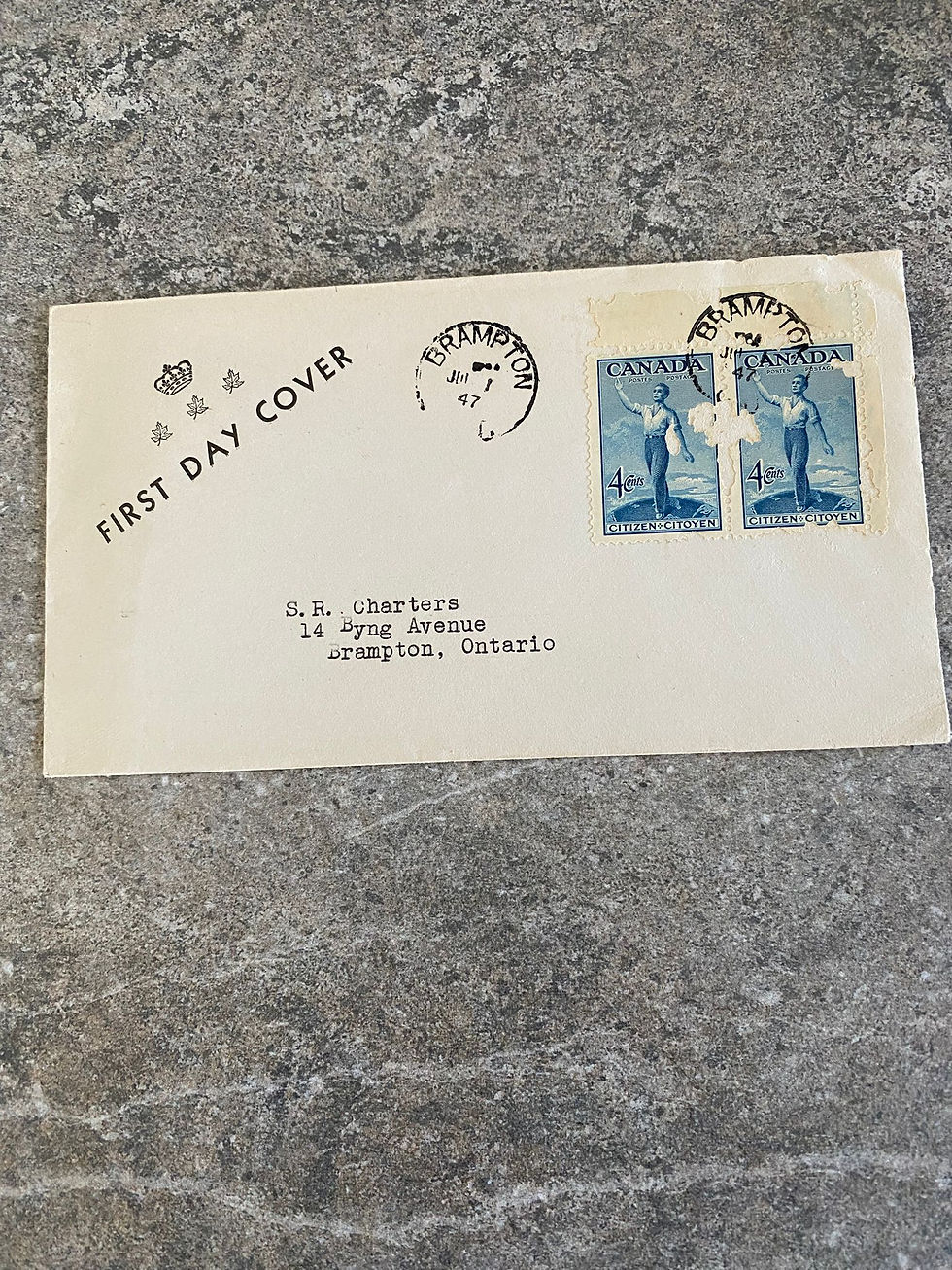 N91-
Canada 1947 First Day Cover – 4¢ Citizenship Issue Stamps (Brampton Postm