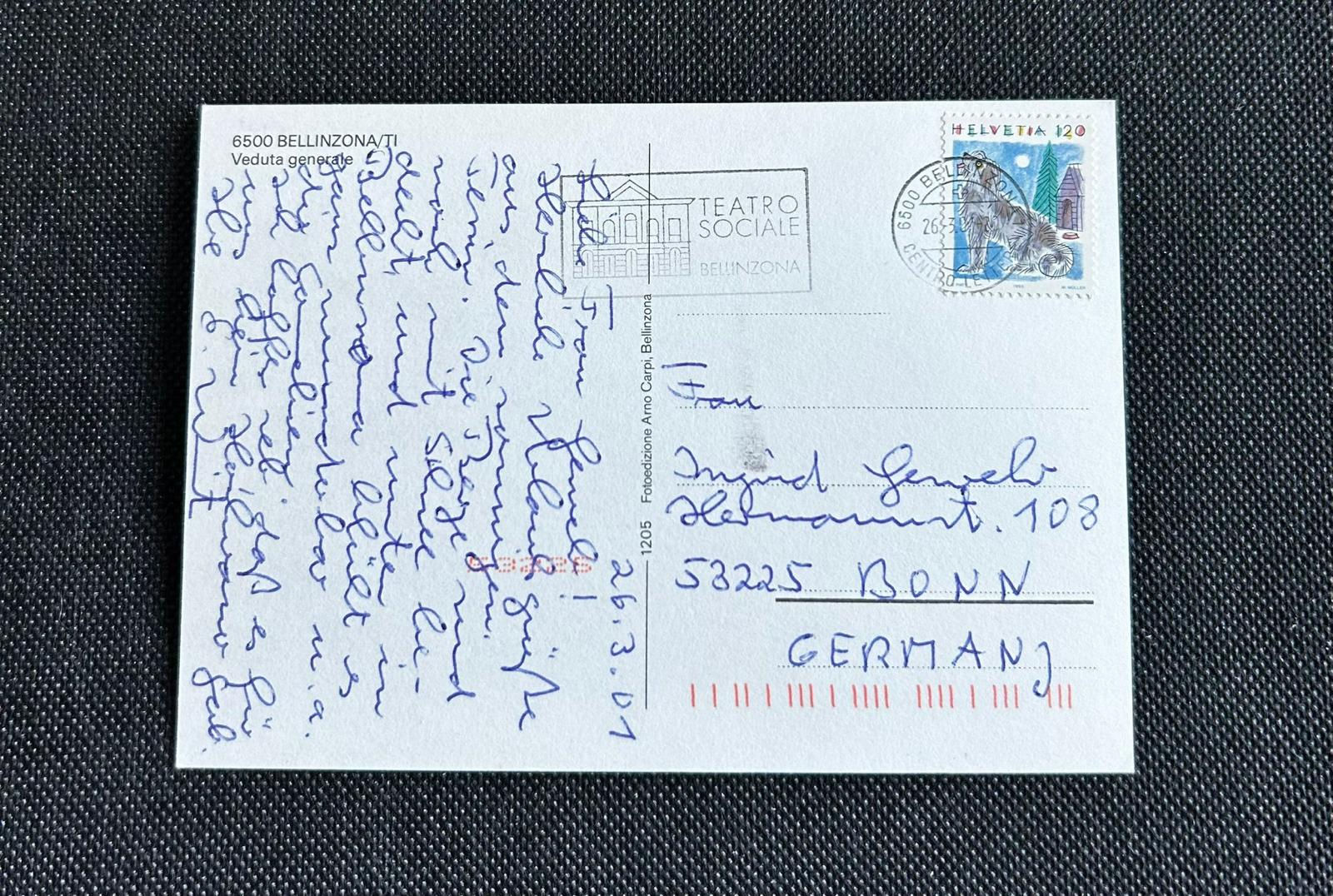 P499-Vintage Switzerland Bellinzona Postcard 2001 Used Helvetia Stamp Saluti da 