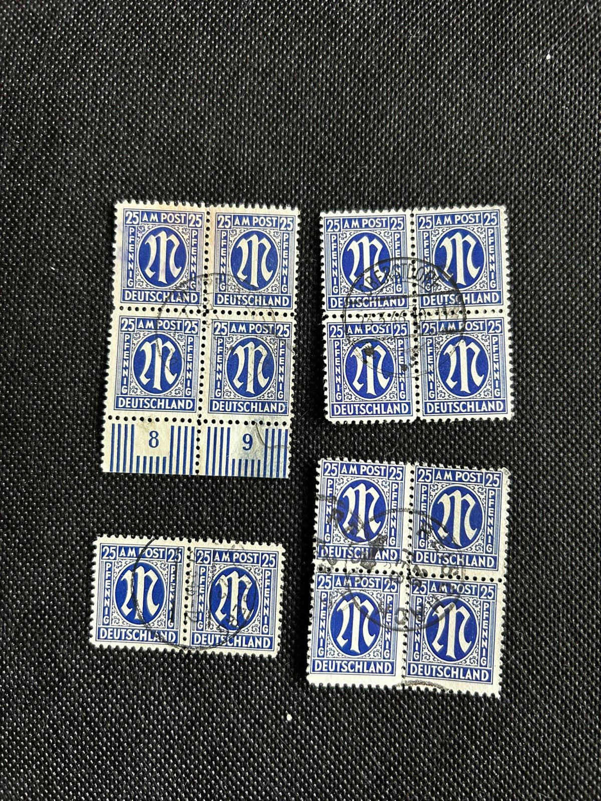 P684-Germany AM Post 25 Pfennig Blue Stamp Blocks & Pair Used Post-War Lot