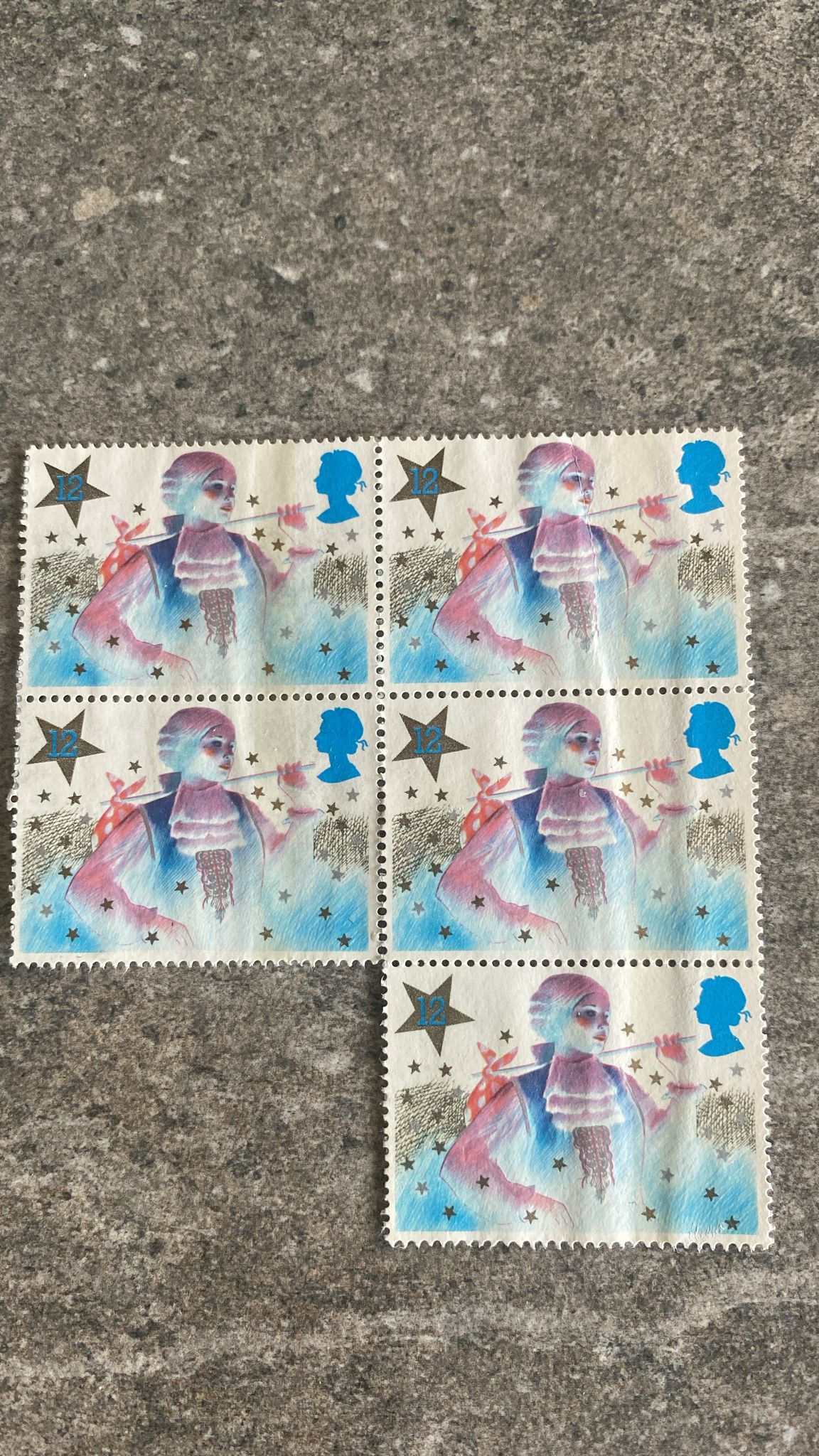 A433-GB 12p Christmas Stamp Error Block – Missing Gold & SilverStars Unprinted