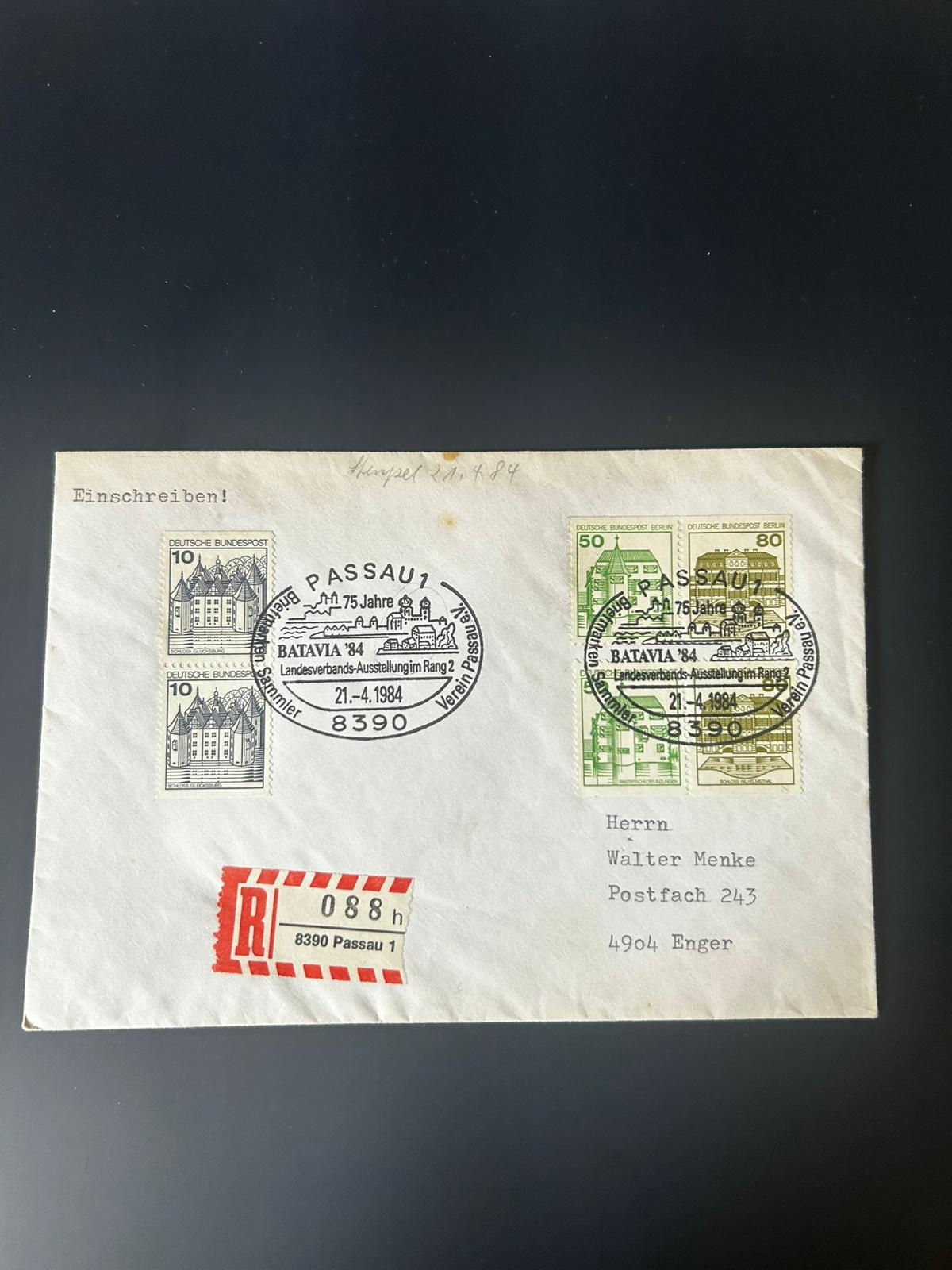 P120-Germany 1984 Registered Cover PASSAU BATAVIA ‘84 Special Cancel Berlin Stam