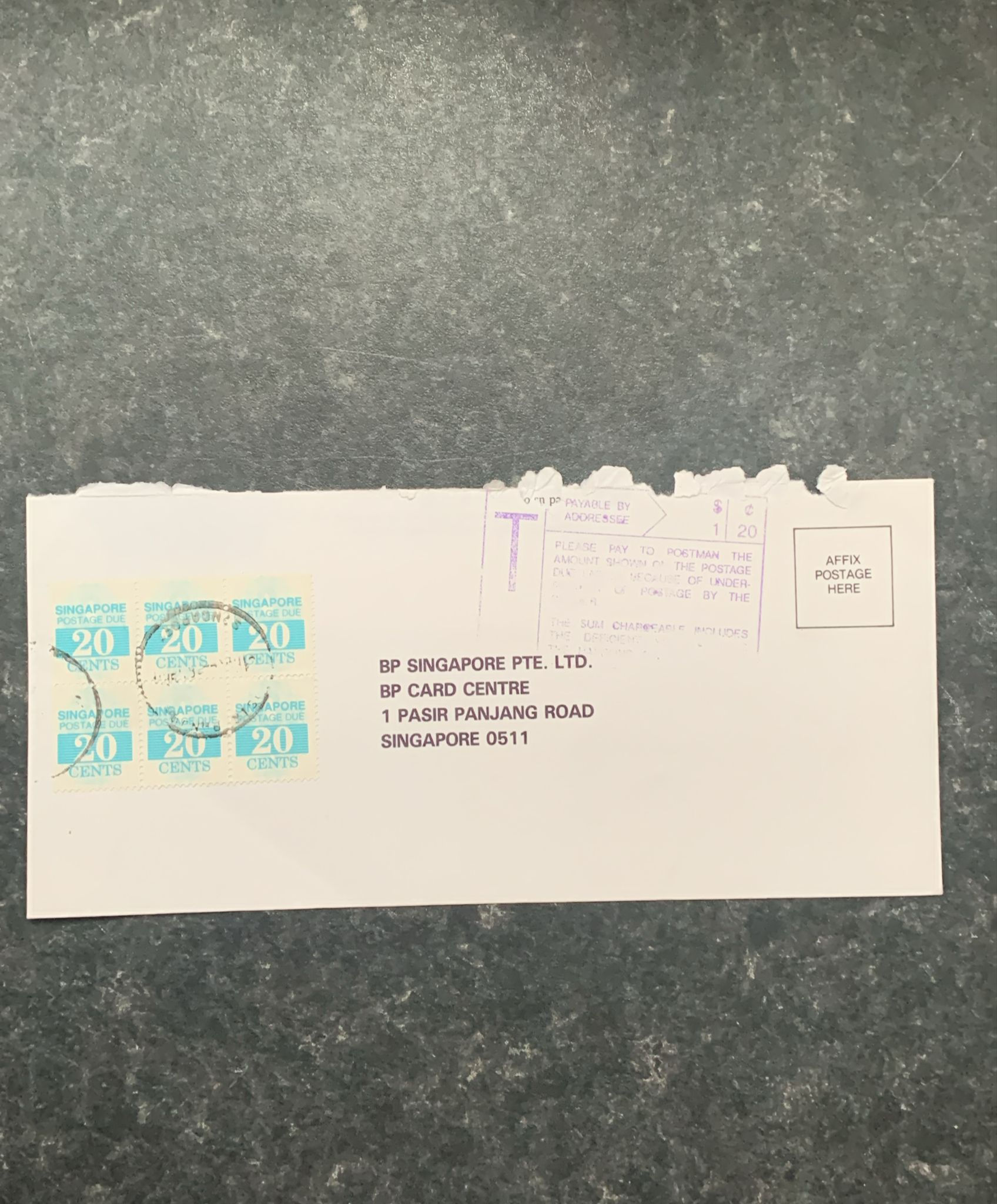 E203-Singapore Postage Due Cover – Block of 6 × 20c Stamps  BP Singapore Pte Lt