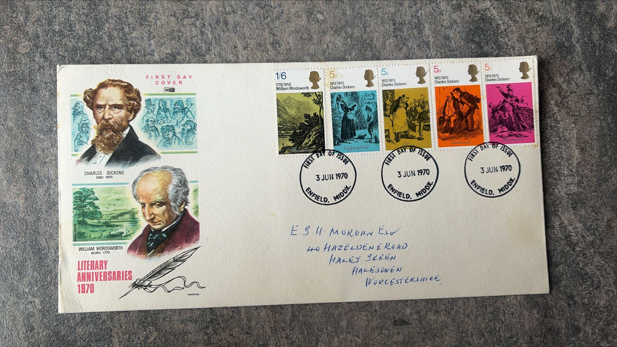 F641-UK 1970 Literary Anniversaries FDC Charles Dickens Wordsworth Enfield