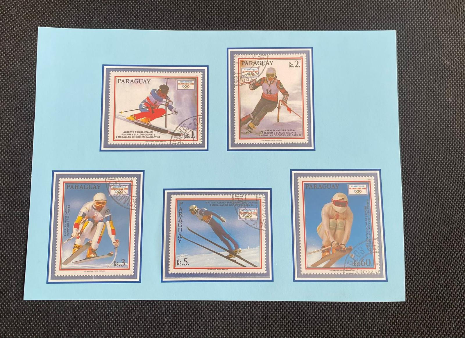 P463-Paraguay 1990 Winter Olympics Skiing Stamp Set on Presentation Card CTO Use