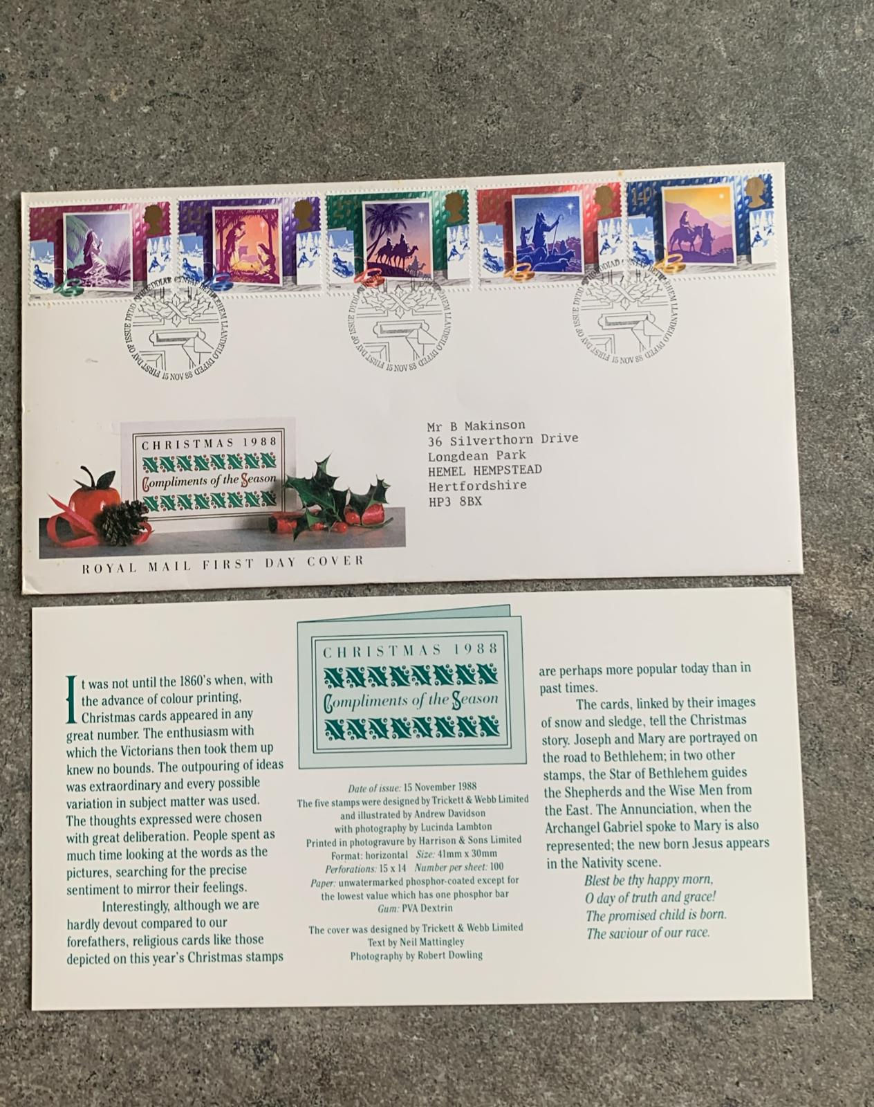 A644-Royal Mail First Day Cover – Christmas 1988 “Compliments of the Season” B