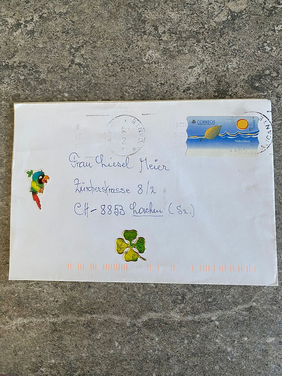 N16-
Vintage Decorative Handwritten Envelope with Stickers & Spanish "Correos"