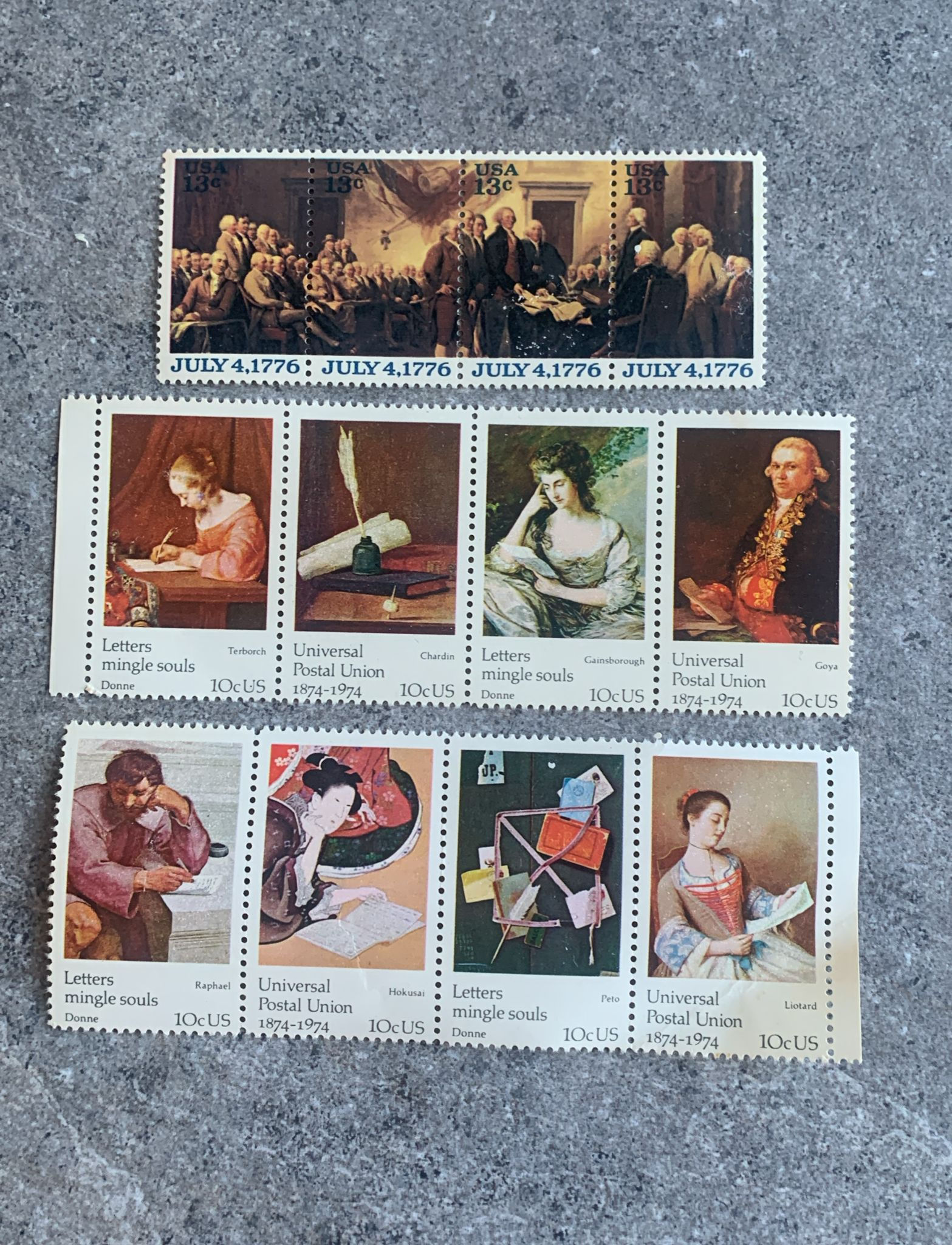 B376-USA Vintage Stamp Sheets – 1974 UPU “Letters Mingle Souls 10¢ Set & 1976 B