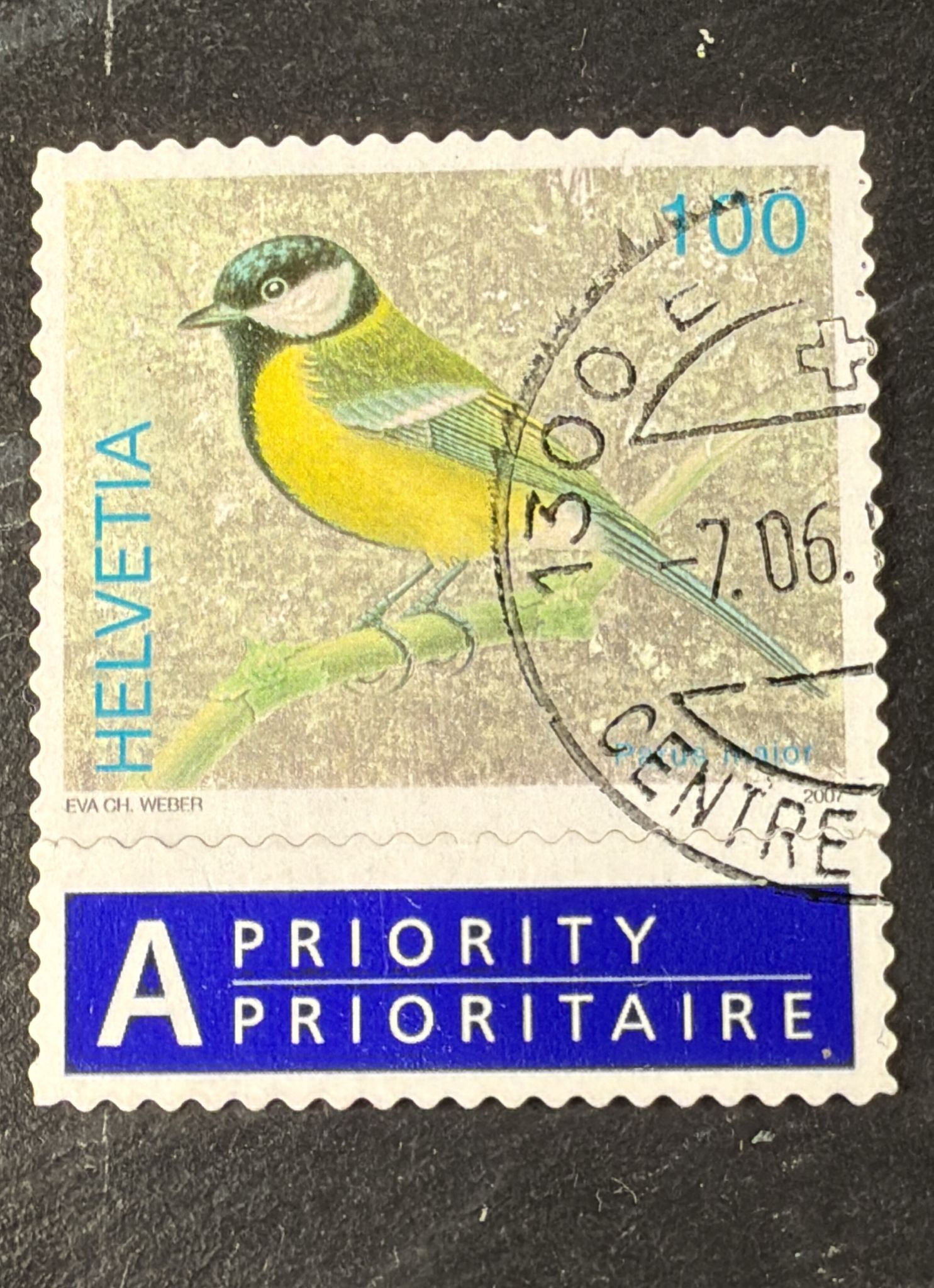F29-Switzerland “100” Great Tit Bird Stamp + A Priority Label Used, Helvetia 2