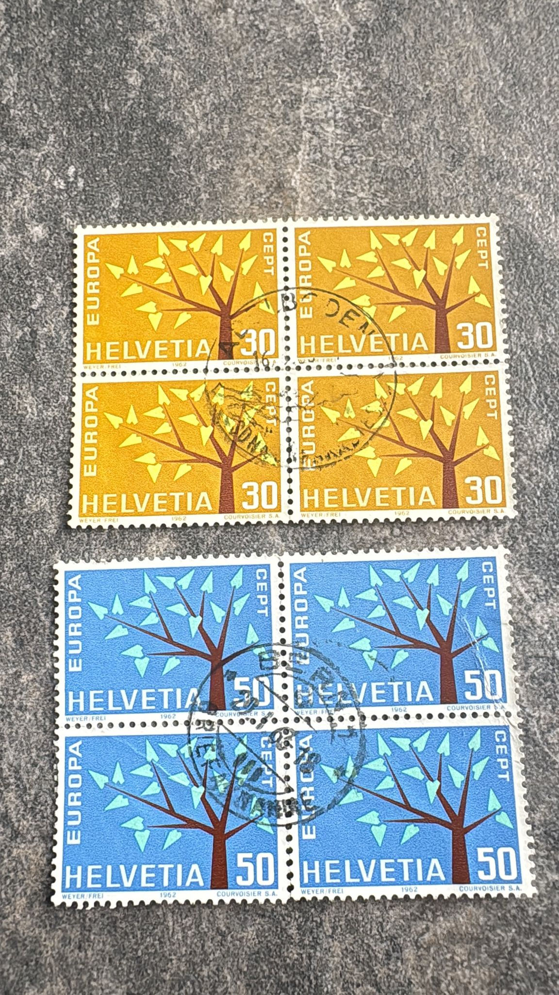 F744-Switzerland 1962 CEPT EUROPA Helvetia Tree Stamps Blocks (30c & 50c) Used