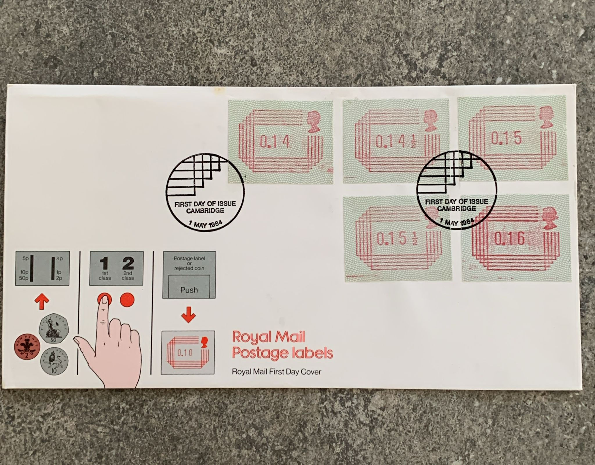 A472-“1984 UK Royal Mail ‘Postage Labels’ First Day Cover May 1 1984Cambridge