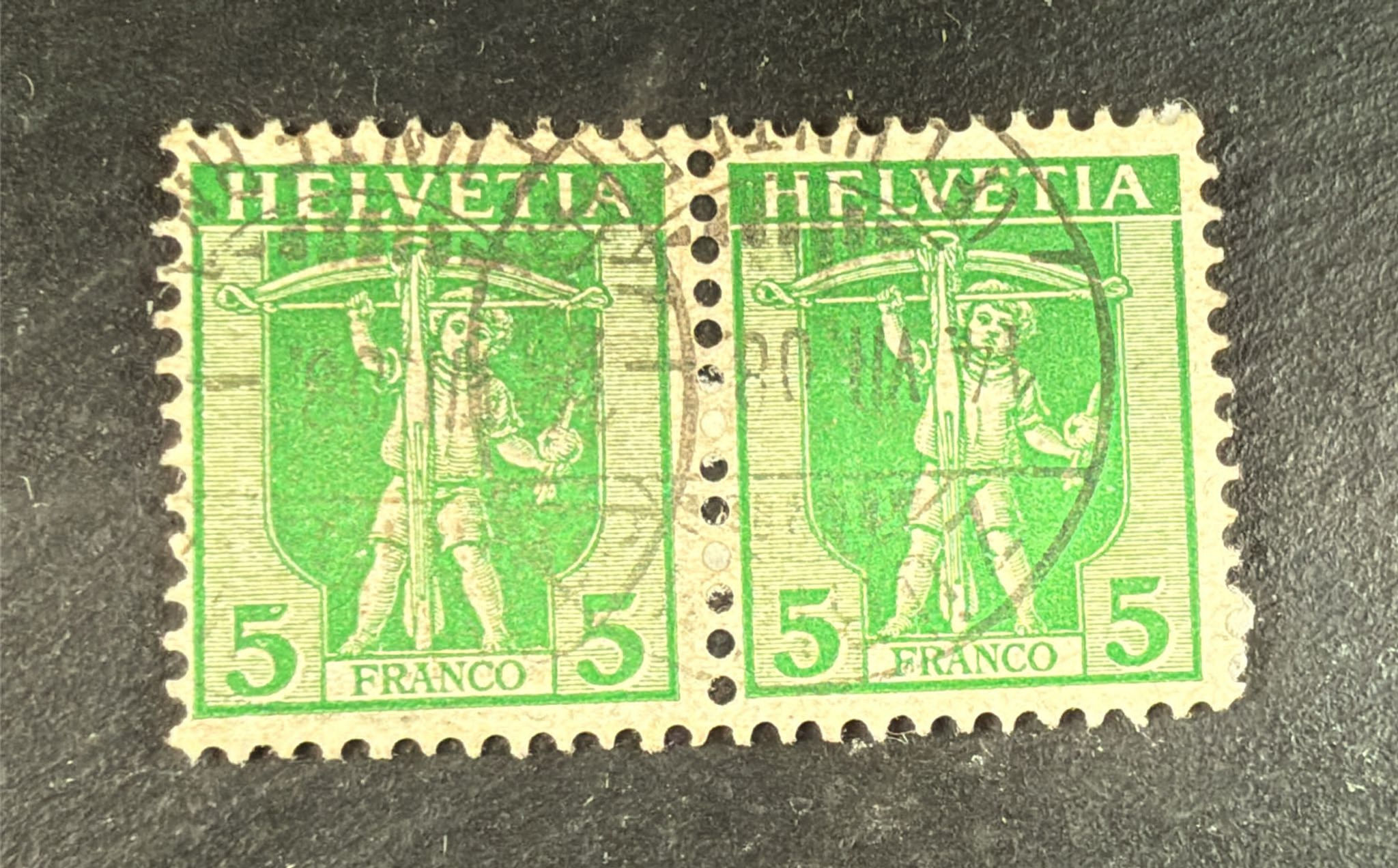 F47--Switzerland Helvetia 5c Green Crossbow Stamp Pair – Used 1910s William Tel