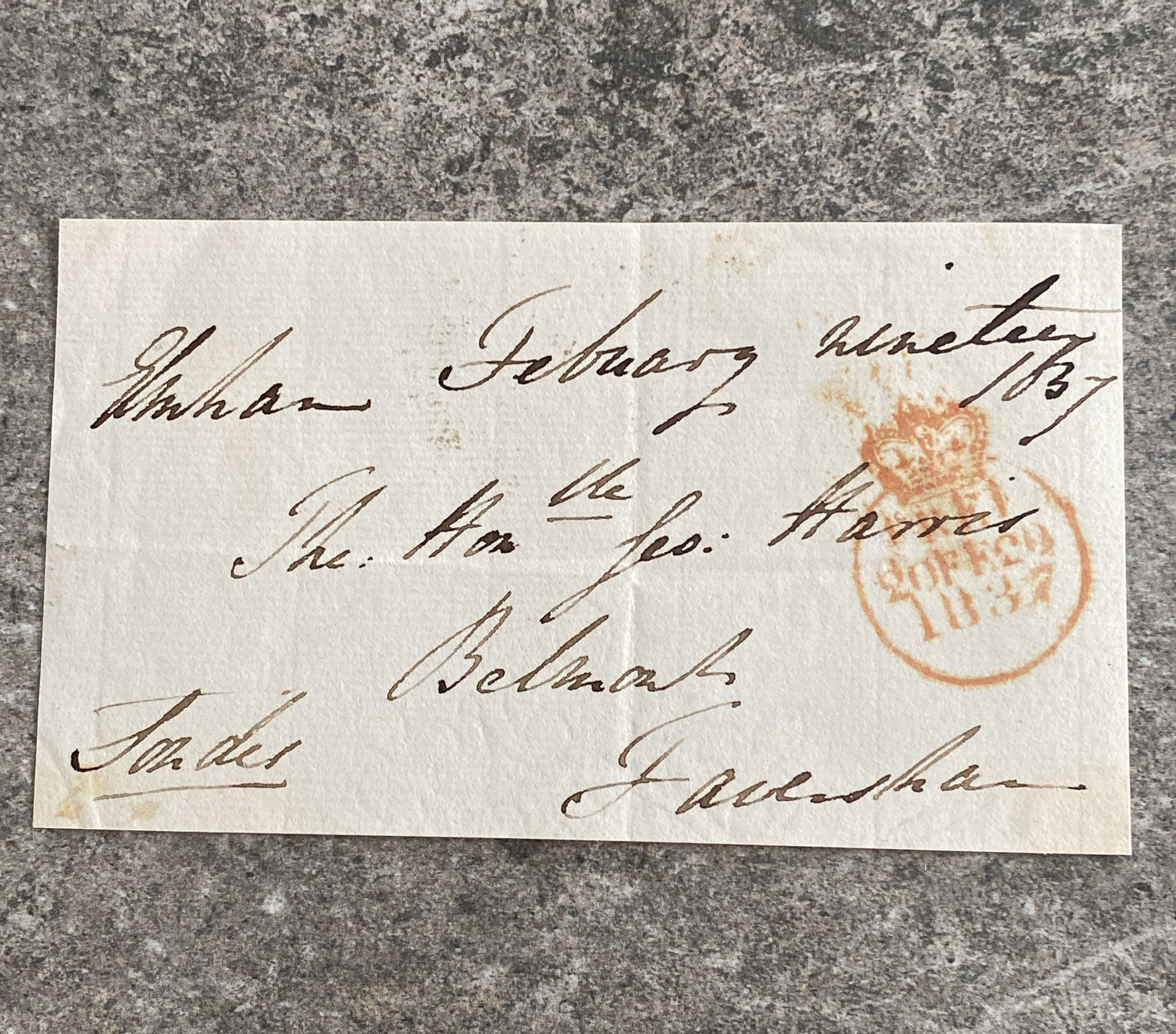 B202-1837 Handwritten Letter – Antique Postal Cover with Red Crowned CircularN