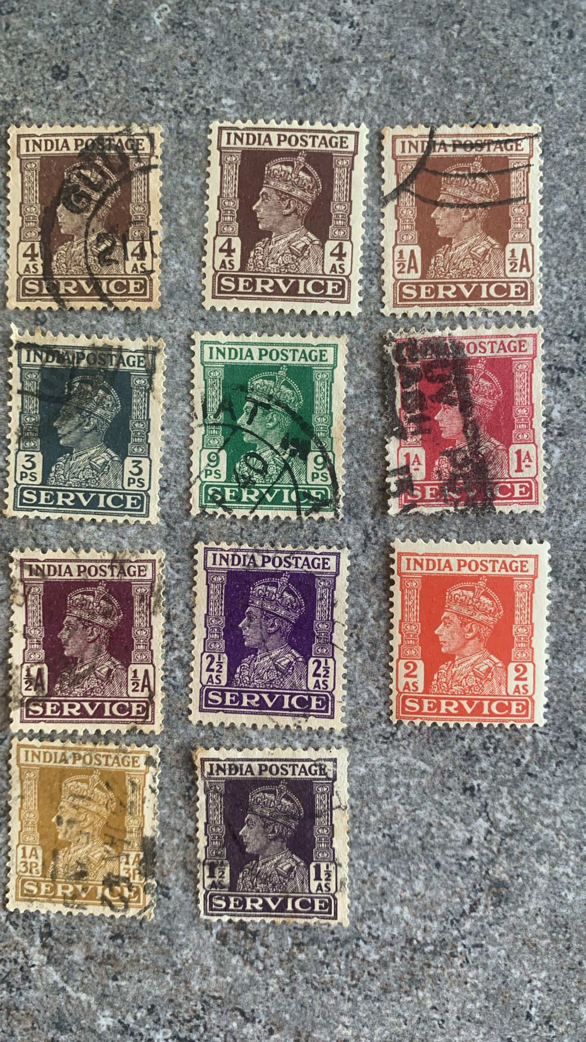 B306-Vintage India Postage “SERVICE” Stamps (King George VI Era, 1937–1947)  Mi