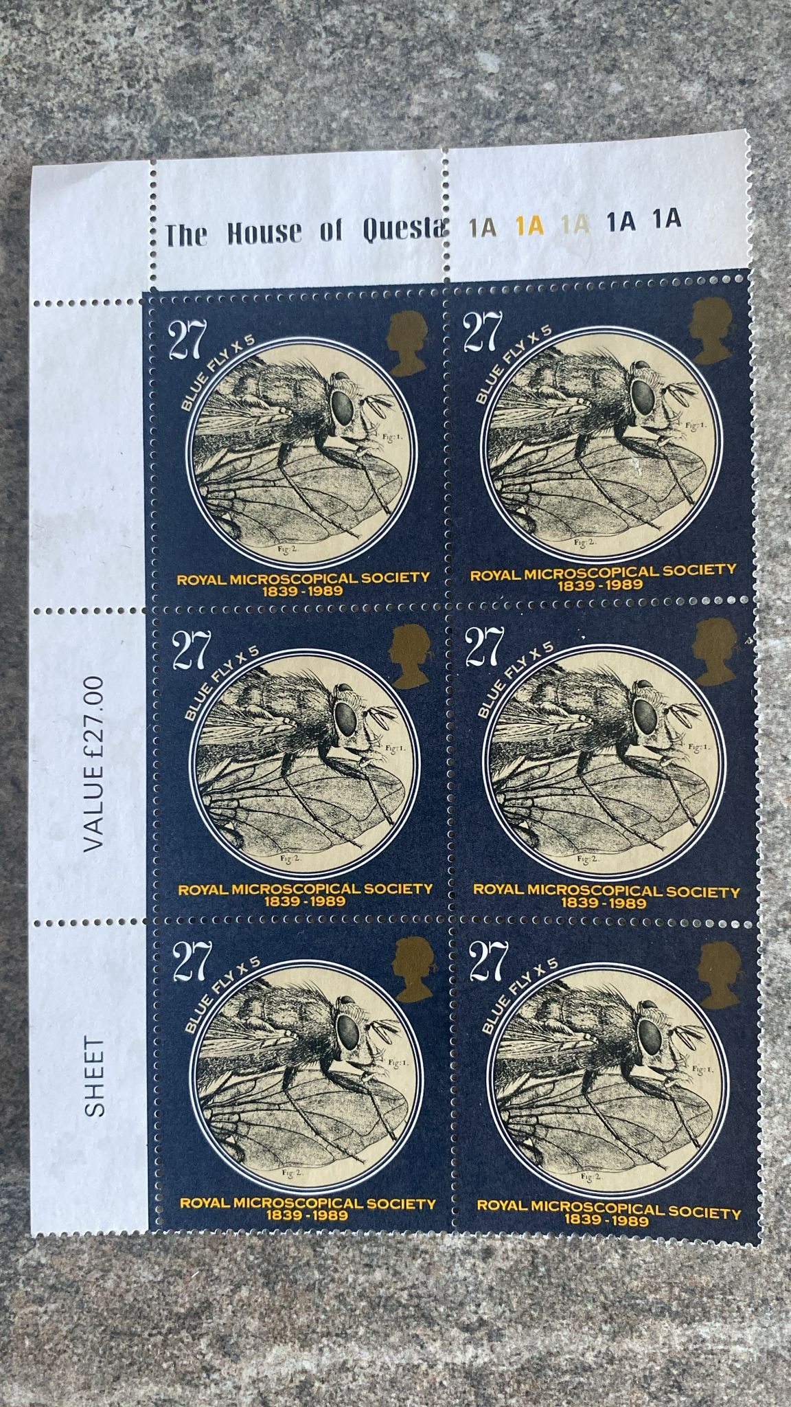 A414-GB 1989 Royal Microscopical Society 1839–1989 27pBlue Fly x5” Full Sheet