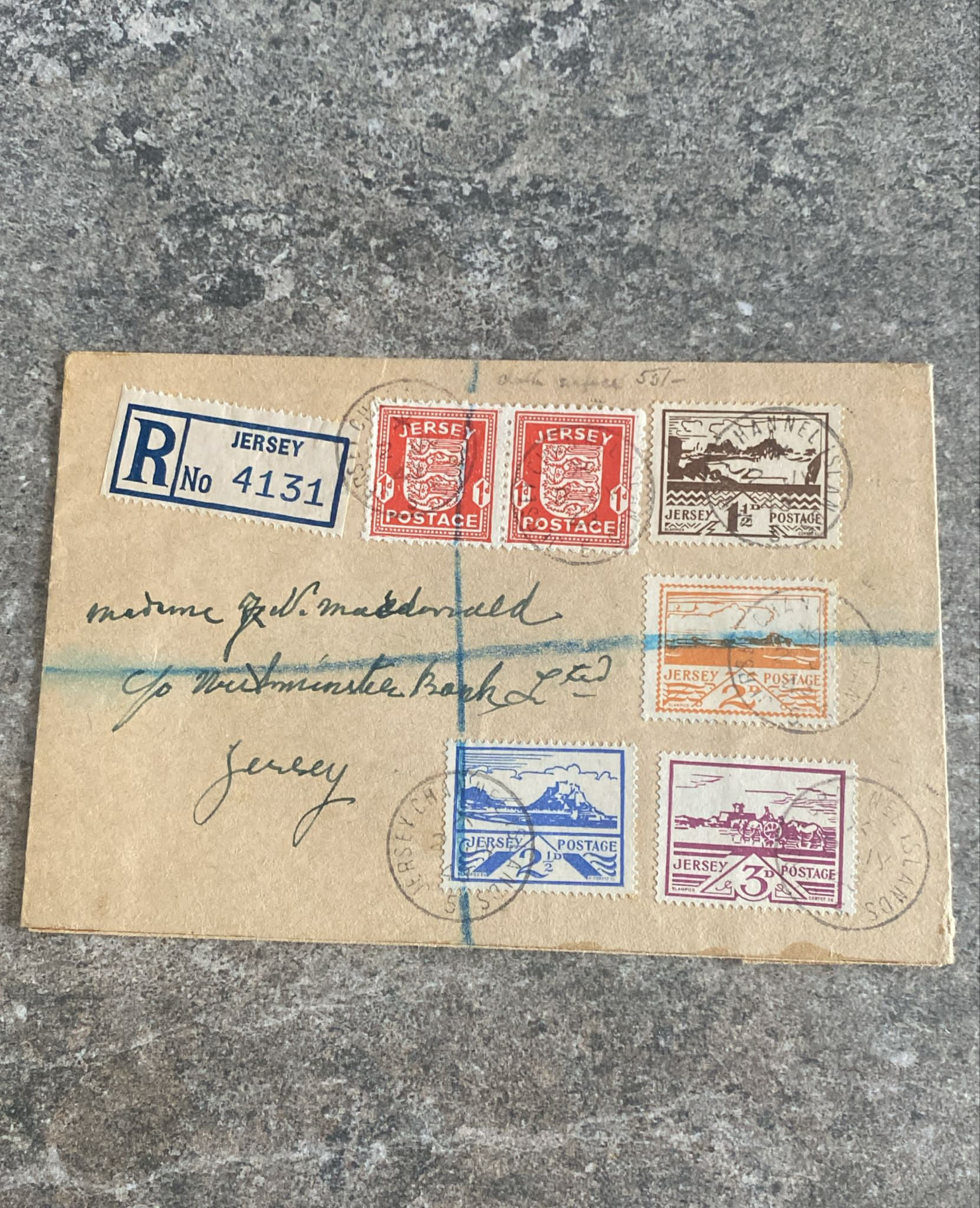 B100-📮 WW2 Era Jersey Channel Islands Registered Cover with 1941–42 Occupatio