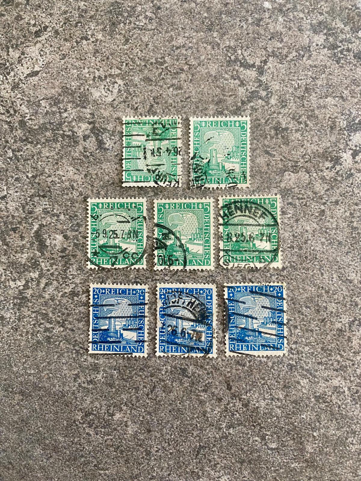 A238-
Lot of 8 Vintage German Rheinland Stamps (1920s–1930s) – 5 Reich + 20 Rei