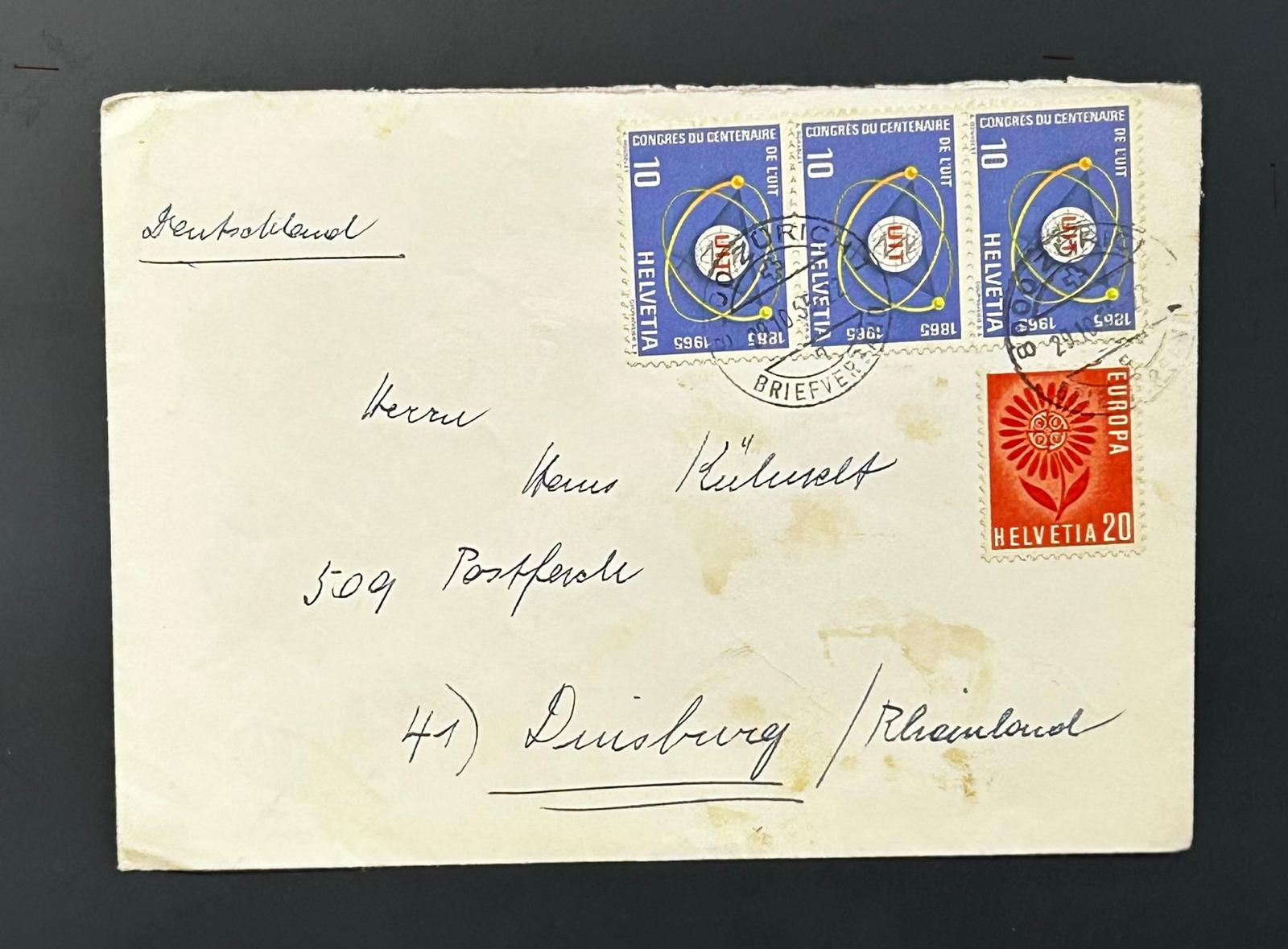 P330-Switzerland 1965 Cover Zurich to Germany ITU Centenary & Europa Stamps Mixe